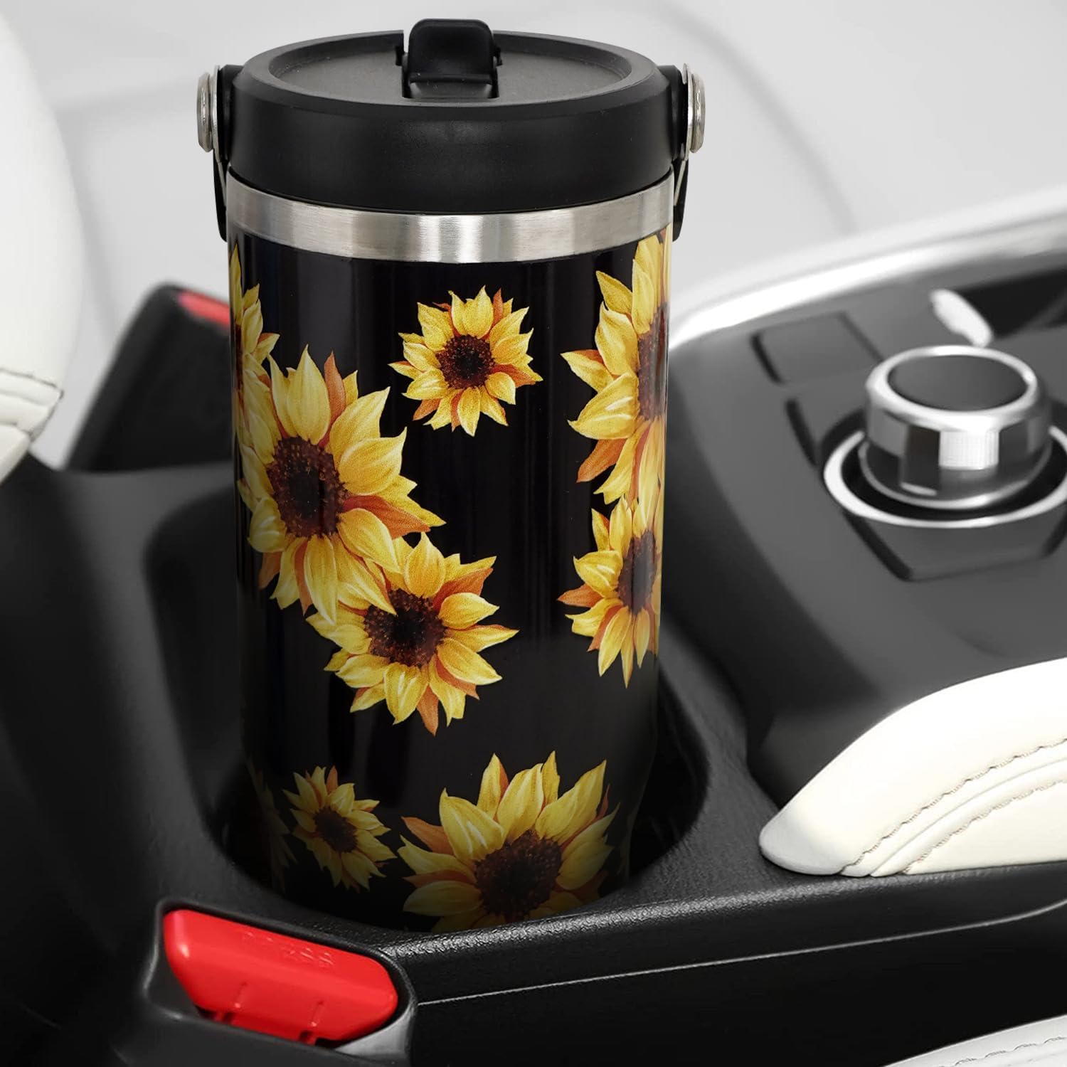 Vaso de girasol negro, regalos de girasol para mujeres, taza de café con girasol aislada de 30 onzas, taza, botella de agua, vasos para beber,