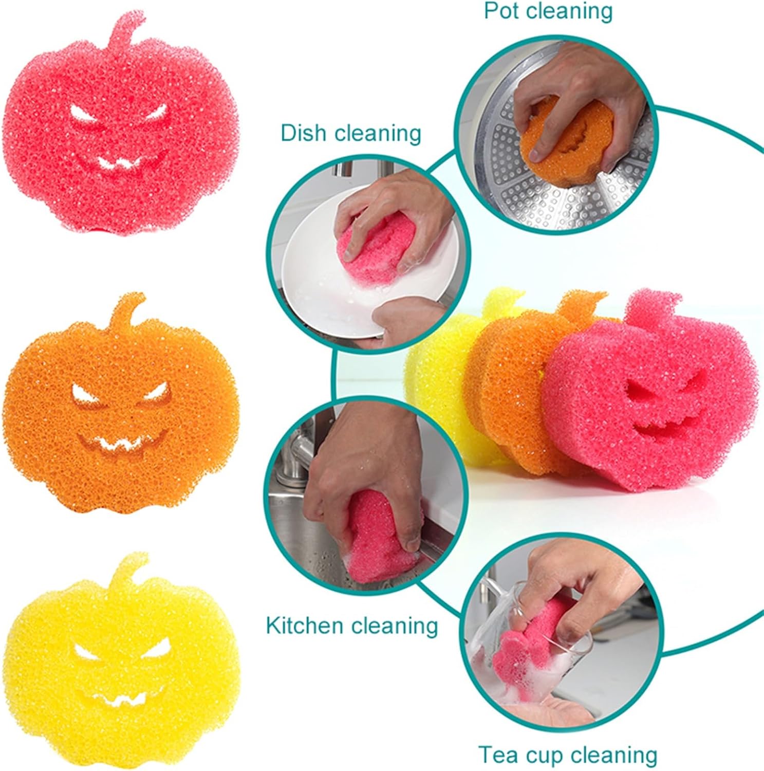 Esponjas de limpieza de Halloween, lindas esponjas de cocina de calabaza, limpiadores antiarañazos para lavar, plato, esponja de cocina (naranja,