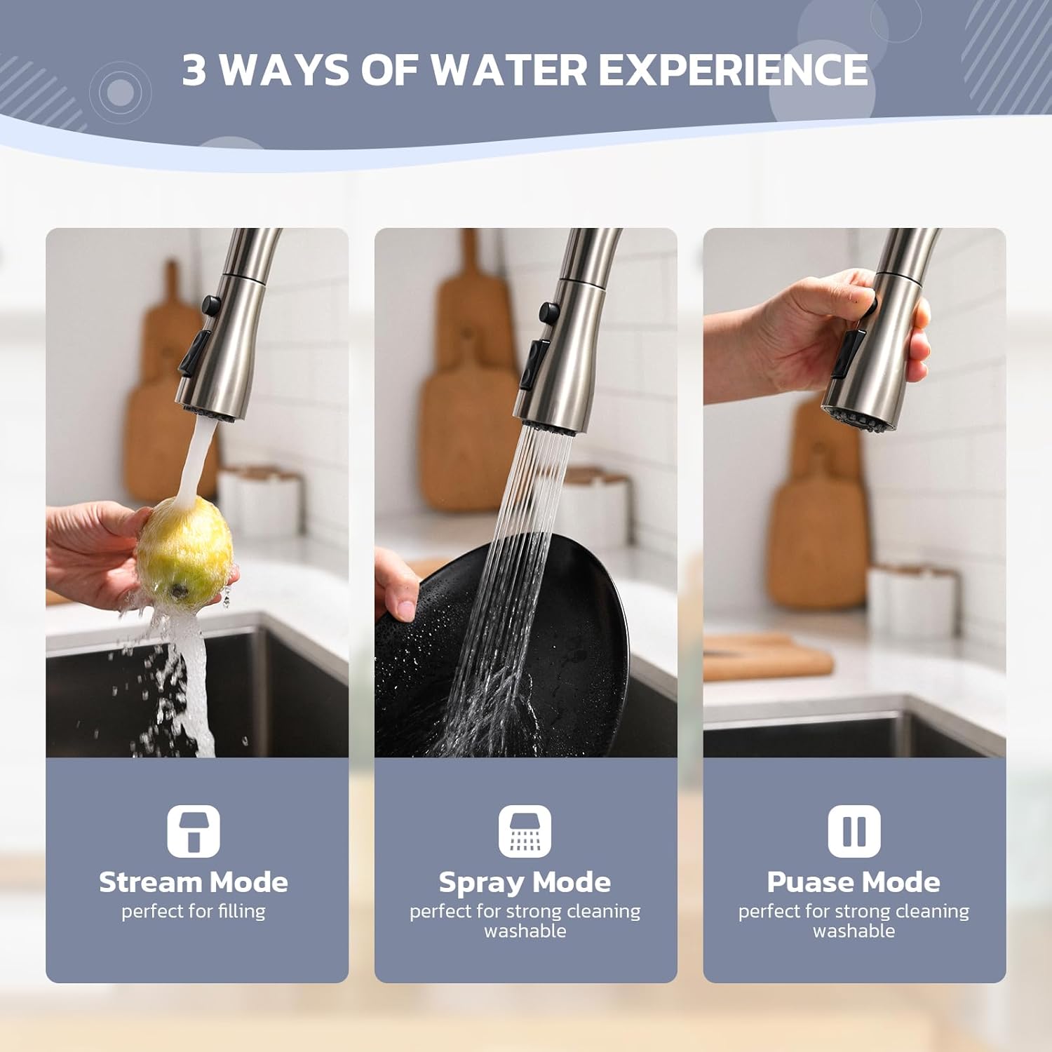 WEWE Grifo de fregadero de cocina con dispensador de jabón, grifo de cocina con rociador extraíble, 3 modos de acero inoxidable, mango único,