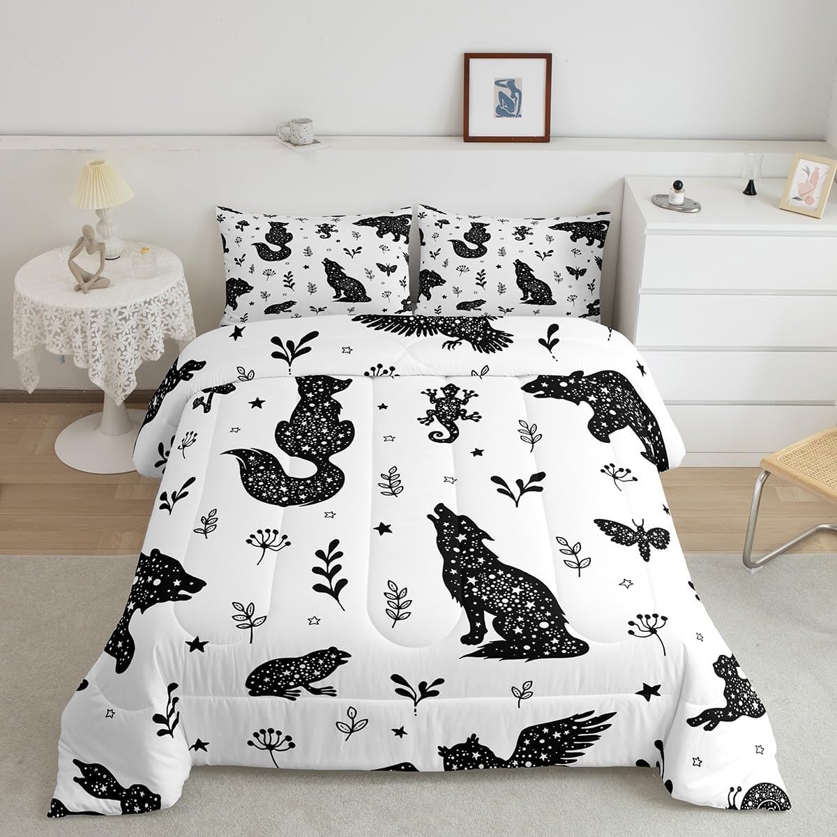 Juego de ropa de cama matrimonial con diseño de bosques para niños y niñas, juego de edredón con diseño botánico de animales, estilo escandinavo,