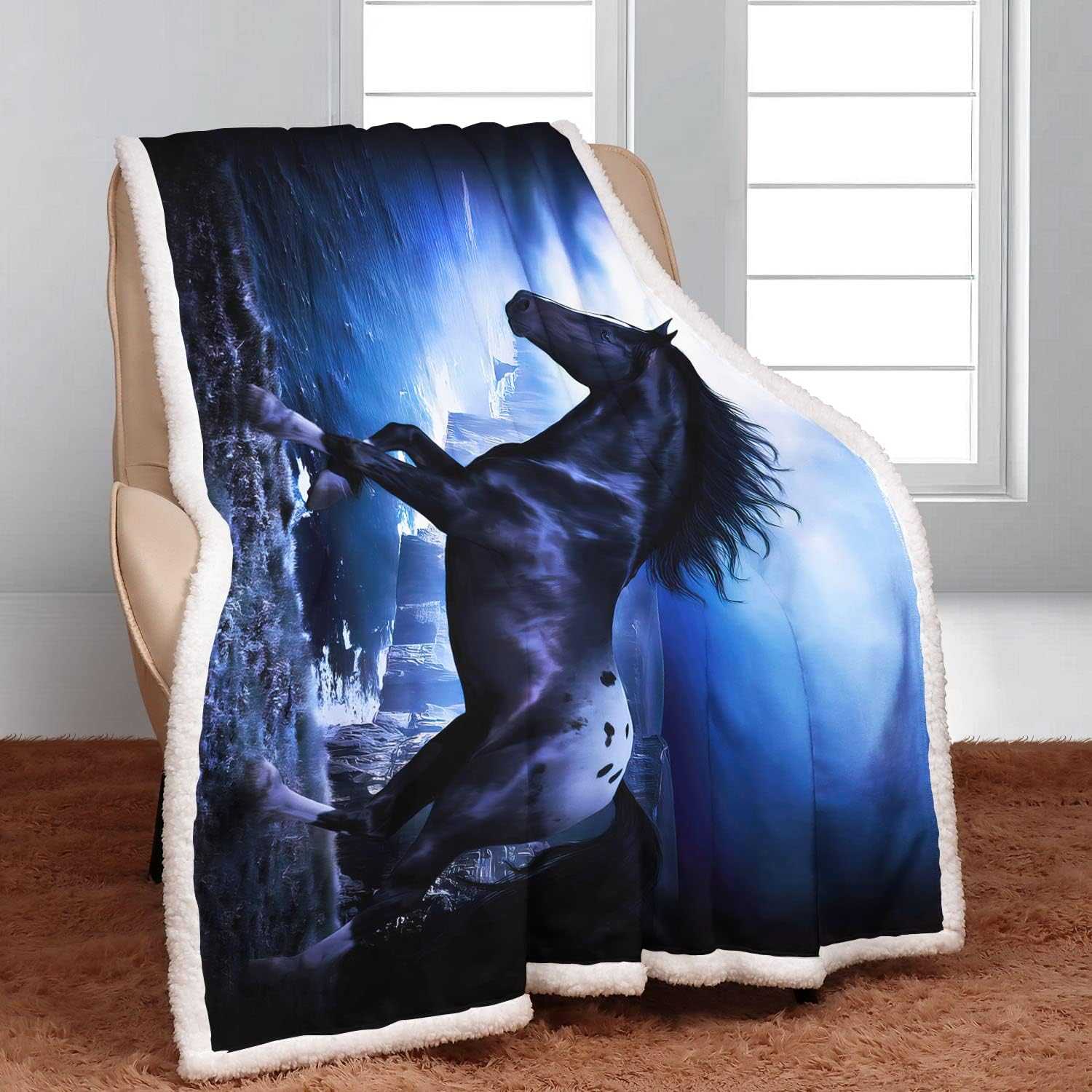 Manta Sherpa de caballo oscuro de 60 x 80 pulgadas, manta de caballo negro, manta súper suave y mullida, manta de forro polar grueso y cálido para