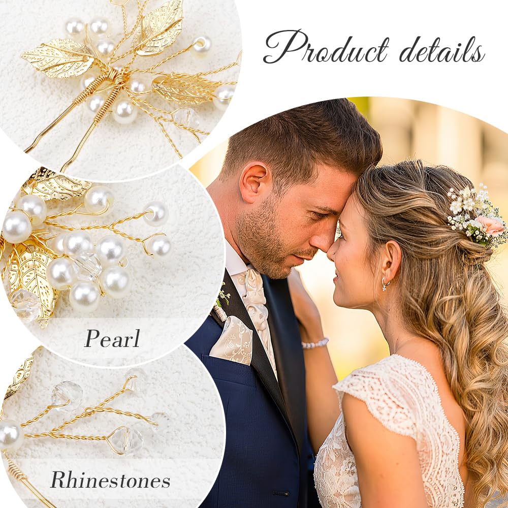 Pinzas para el pelo de boda con hojas doradas, horquillas de novia para baile de graduación, 3 piezas de perlas de cristal, accesorios para el