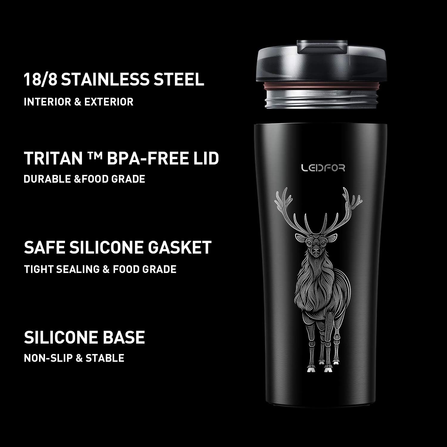 Taza de viaje de café con tapa antiderrames, vaso de acero inoxidable de doble pared aislado al vacío, taza térmica para bebidas, 16 onzas, alce