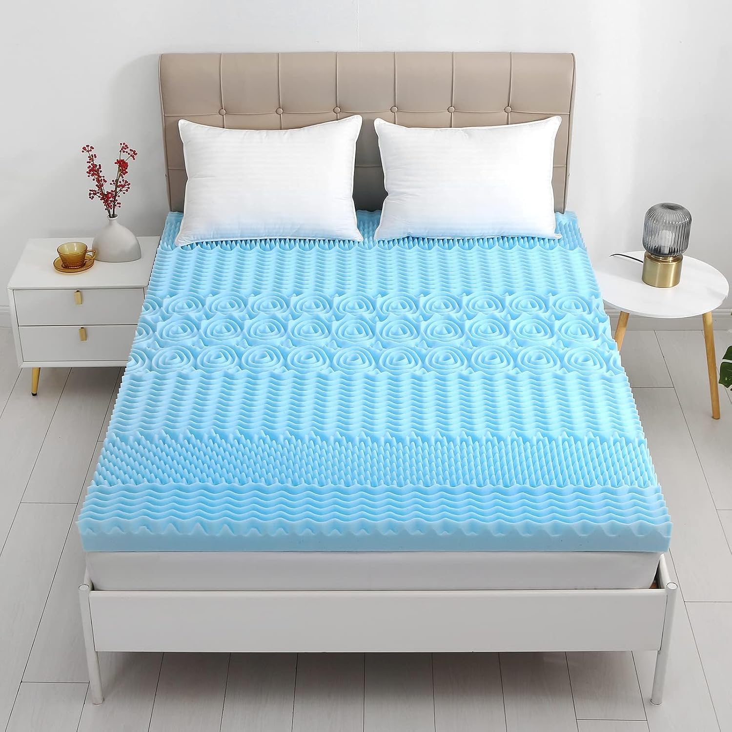 YUGYVOB Cubrecolchón de espuma viscoelástica de 2 pulgadas, tamaño matrimonial, 7 zonas, para dolor de espalda, con infusión de gel refrescante,