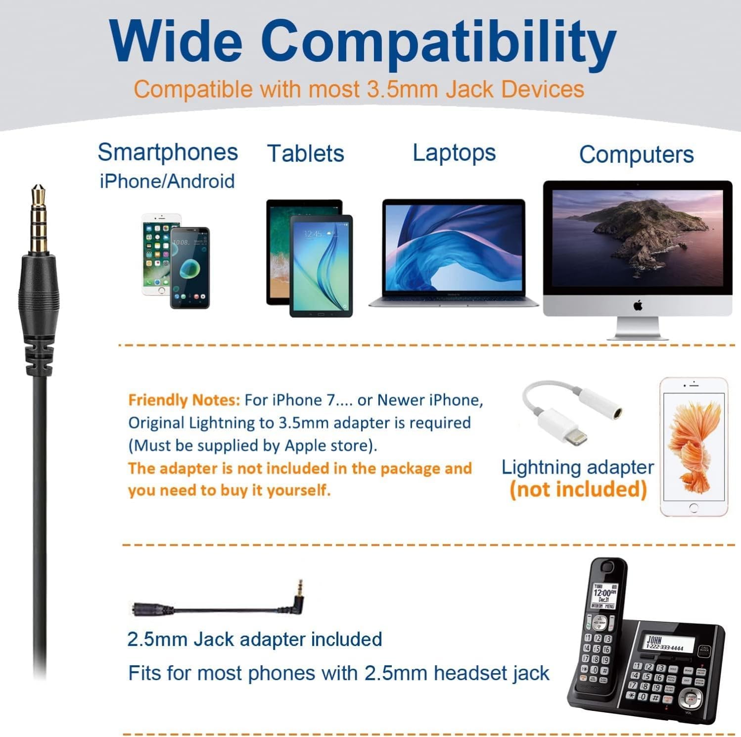 Wantek Auriculares para teléfono celular con micrófono con cancelación de ruido, auriculares de computadora con cable de 0.138 in para PC, portátil,