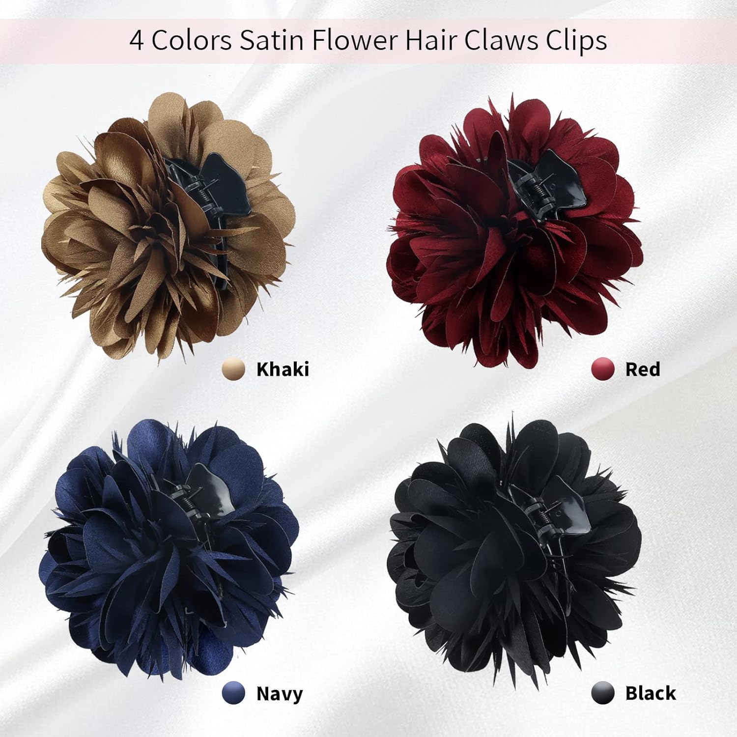 Paquete de 4 pinzas de plástico para el cabello con flores de satén grandes, pasadores, mandíbulas, abrazaderas, soportes para moño, accesorios para