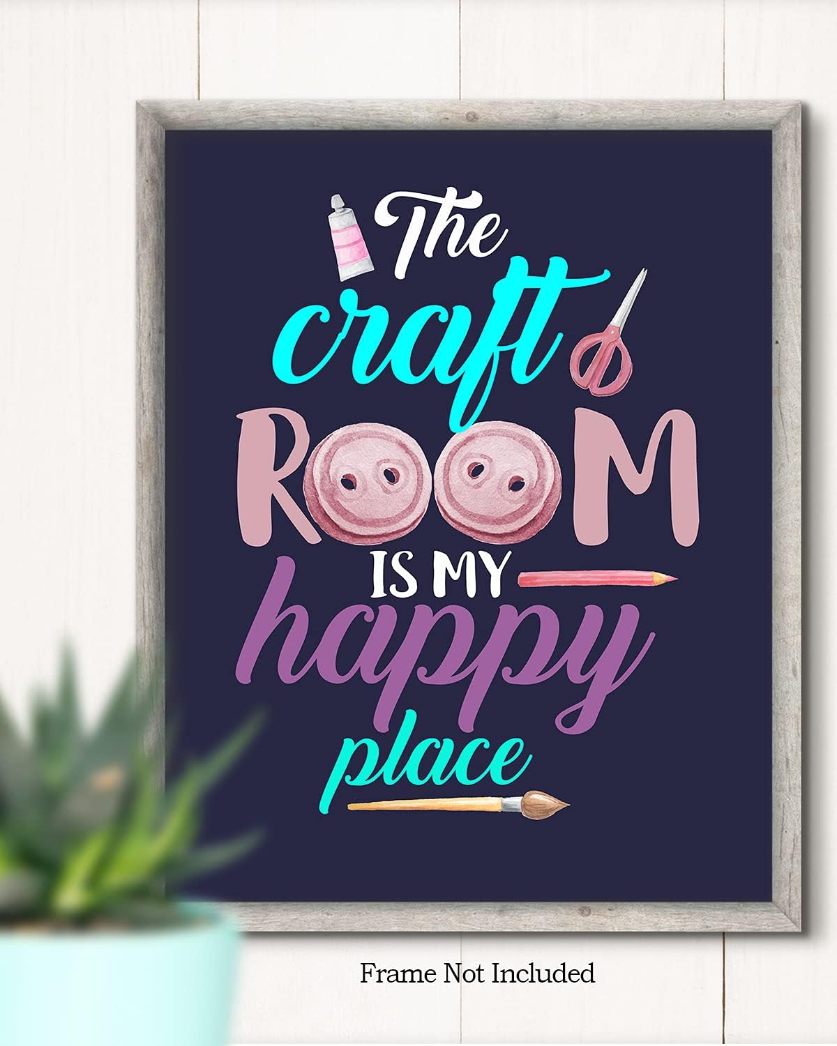 Govivo The Craft Room Is My Happy Place – Una bonita decoración de pared para sala de manualidades con un fondo azul oscuro, obra de arte sin marco