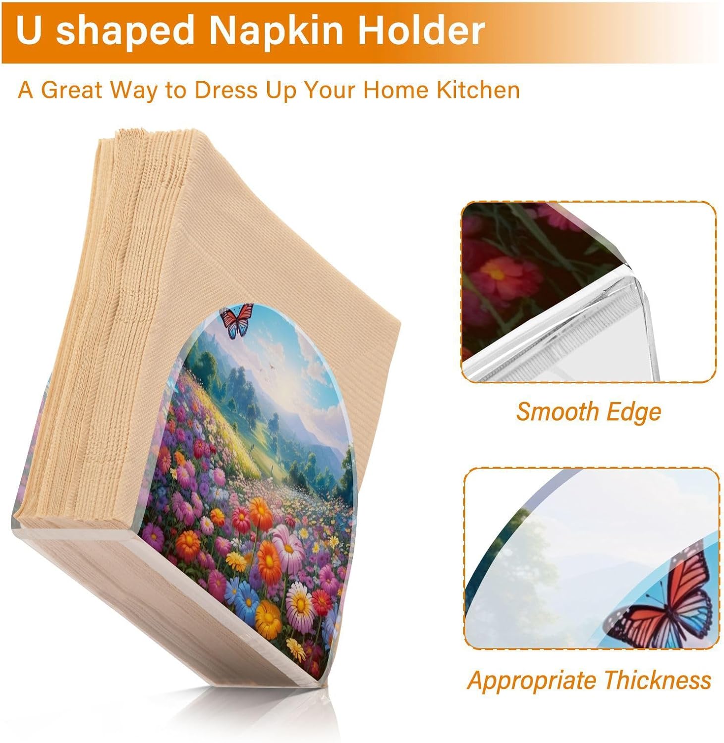 Napkin Holder Spring Flowers Butterflies Napkin Holders for Tables, Clear Acrylic Napkin Holders Cocktail Napkin Holder for Kitchen Restaurant Bar