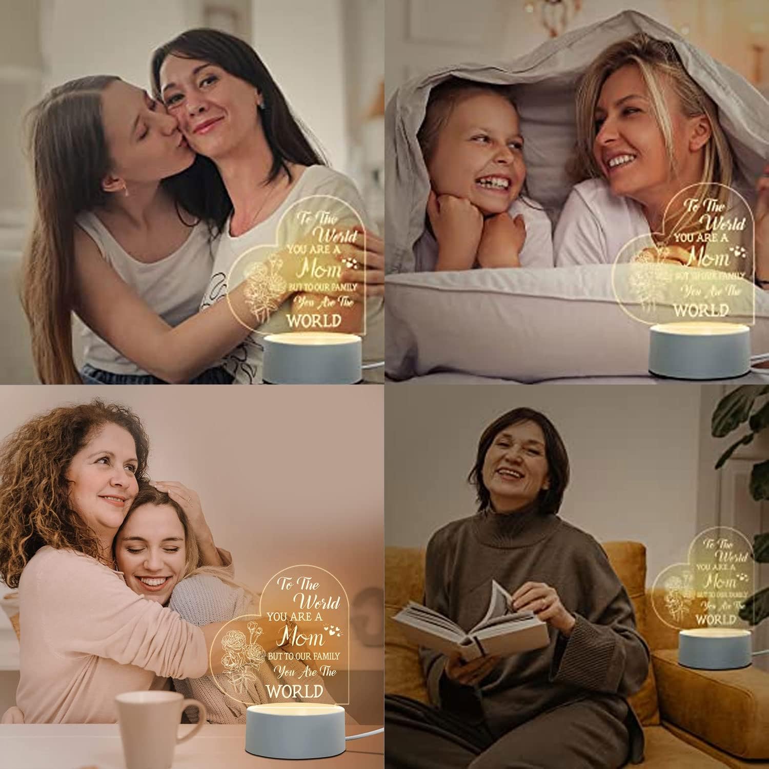 Regalos para mamá de hija hijo, regalos de cumpleaños para madres, 3 modos de luz, luz nocturna, alimentación USB, luz de corazón transparente,