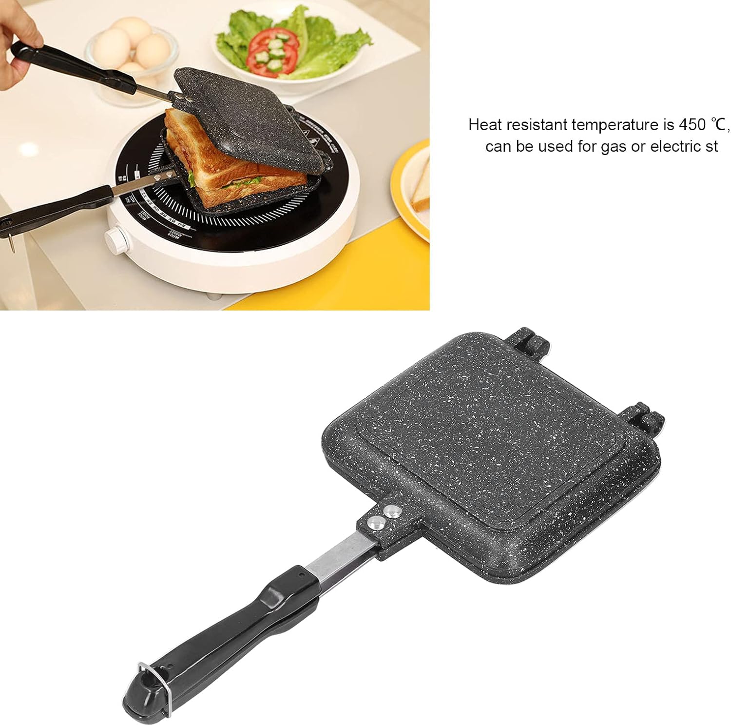 Sartén antiadherente de doble cara con asa, sandwichera, sartén antiadherente de queso a la parrilla de aluminio para desayuno, estufa de gas o