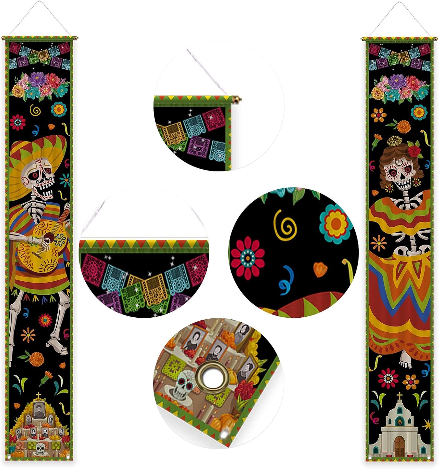 Allenjoy Letreros colgantes del Día de los Muertos mexicanos para puerta de pared, decoración de guitarra y esqueleto, poliéster, sin arrugas, para