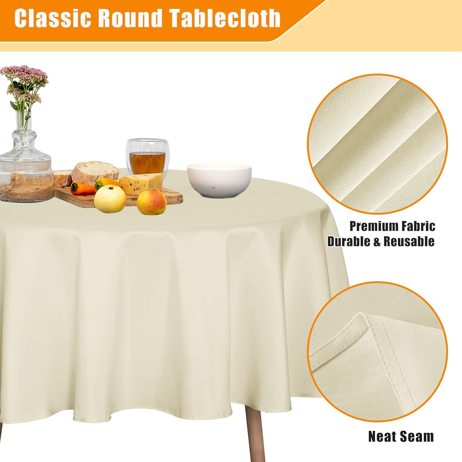 Fitable Mantel redondo color marfil de 60 pulgadas, resistente a las manchas y a las arrugas, lavable, mantel decorativo para mesa de comedor,
