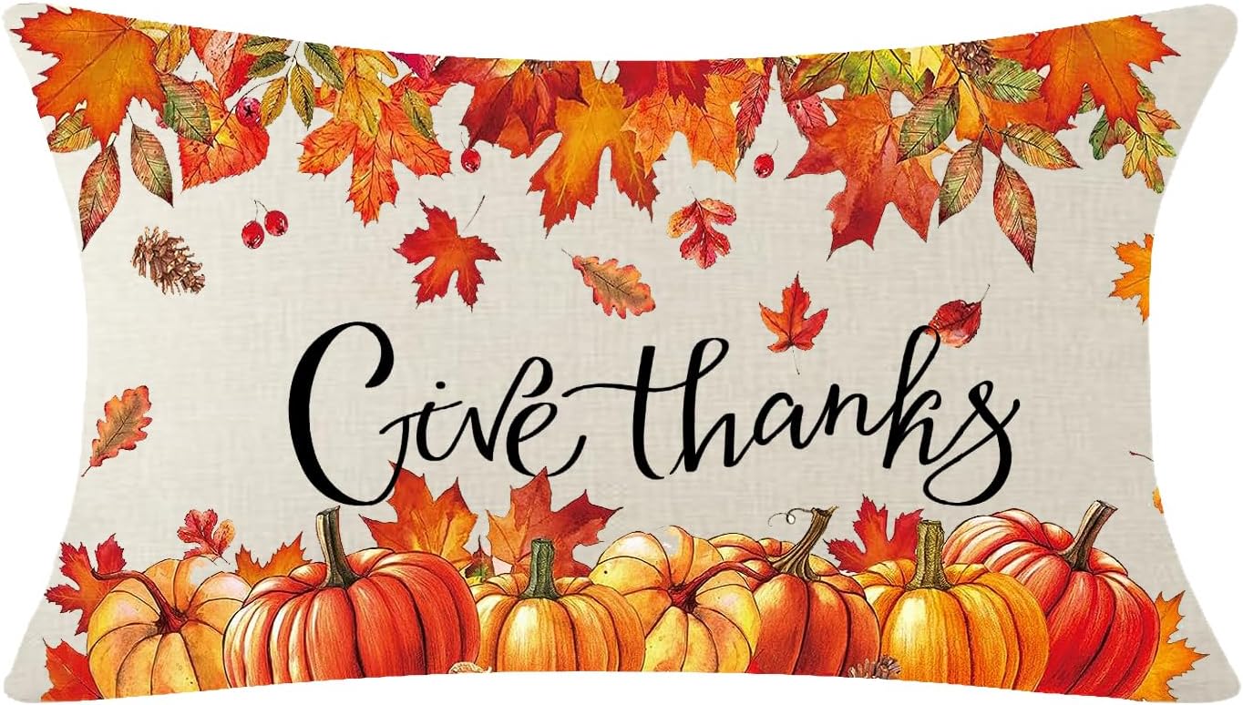 Funda decorativa de algodón y lino con hojas de arce naranja, calabaza, otoño, otoño, día de Acción de Gracias, funda de almohada lumbar, cama,