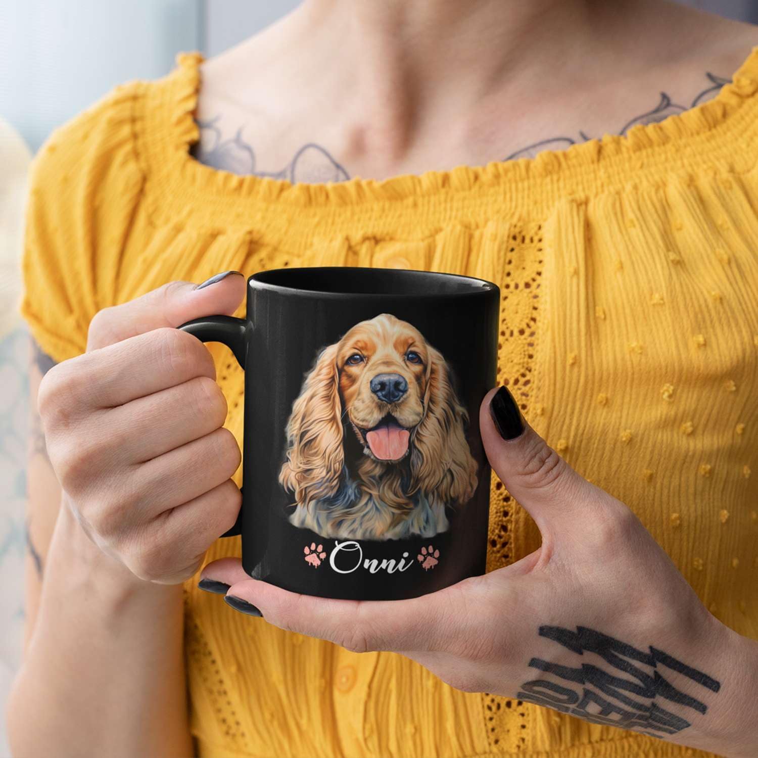 Taza personalizada para propietarios de Cocker Spaniel, taza de café negra personalizada con nombre, bonita taza de cerámica con retrato de cocker