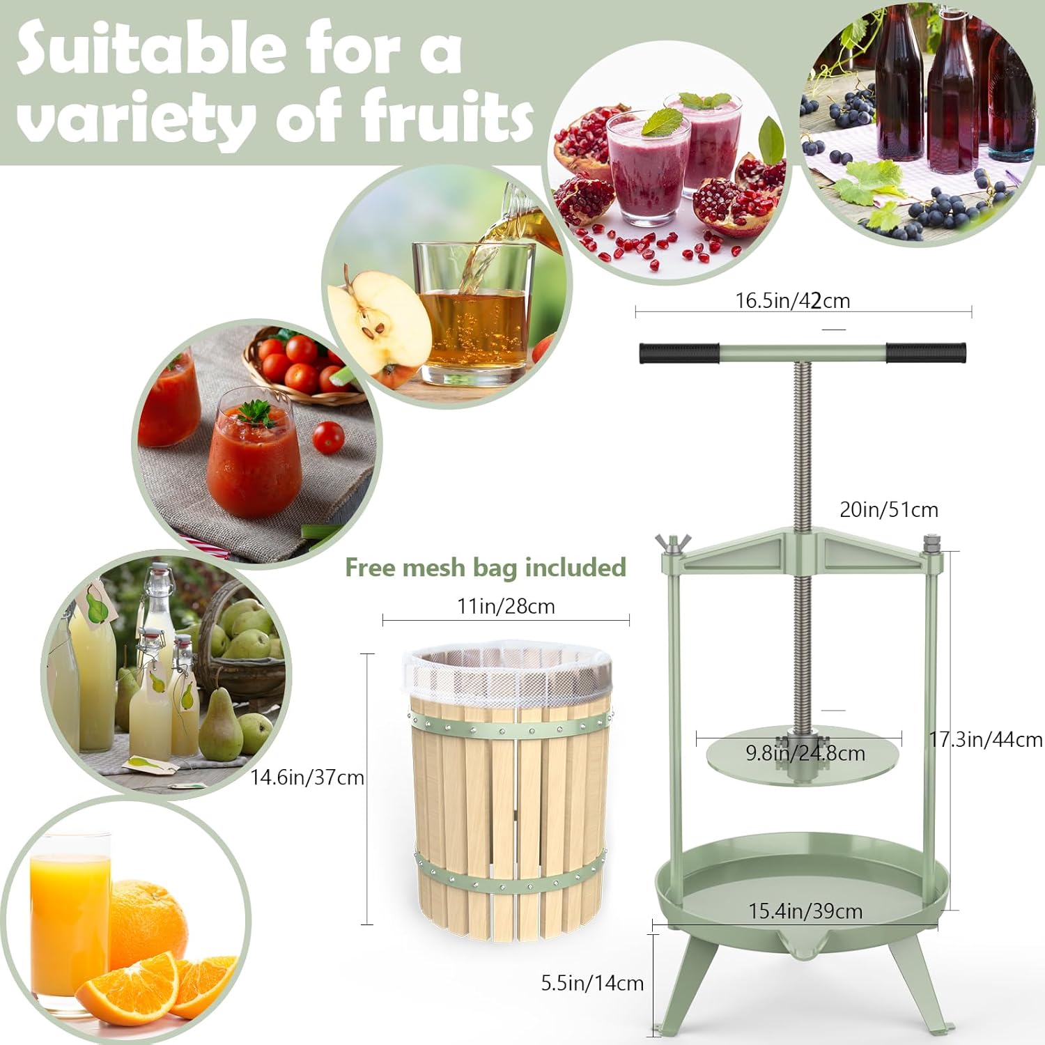 SQUEEZE master Prensa de sidra de vino de frutas, cesta de madera maciza, mango de 4.75 galones18L-T, trituradora clásica de vino de manzana con