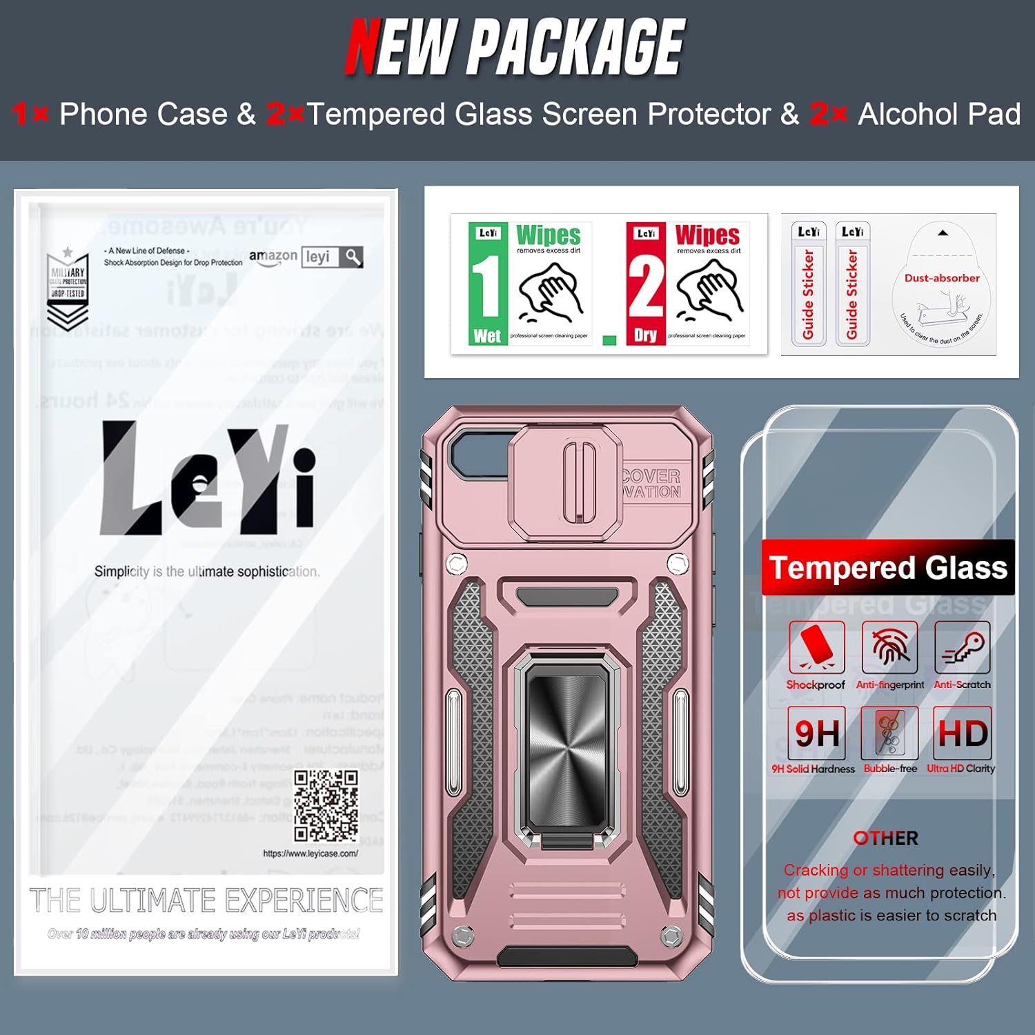 LeYi Funda para iPhone SE 32 generación iPhone 78SE 2022 2020 con cubierta deslizante para cámara + 2 protectores de pantalla de vidrio templado,