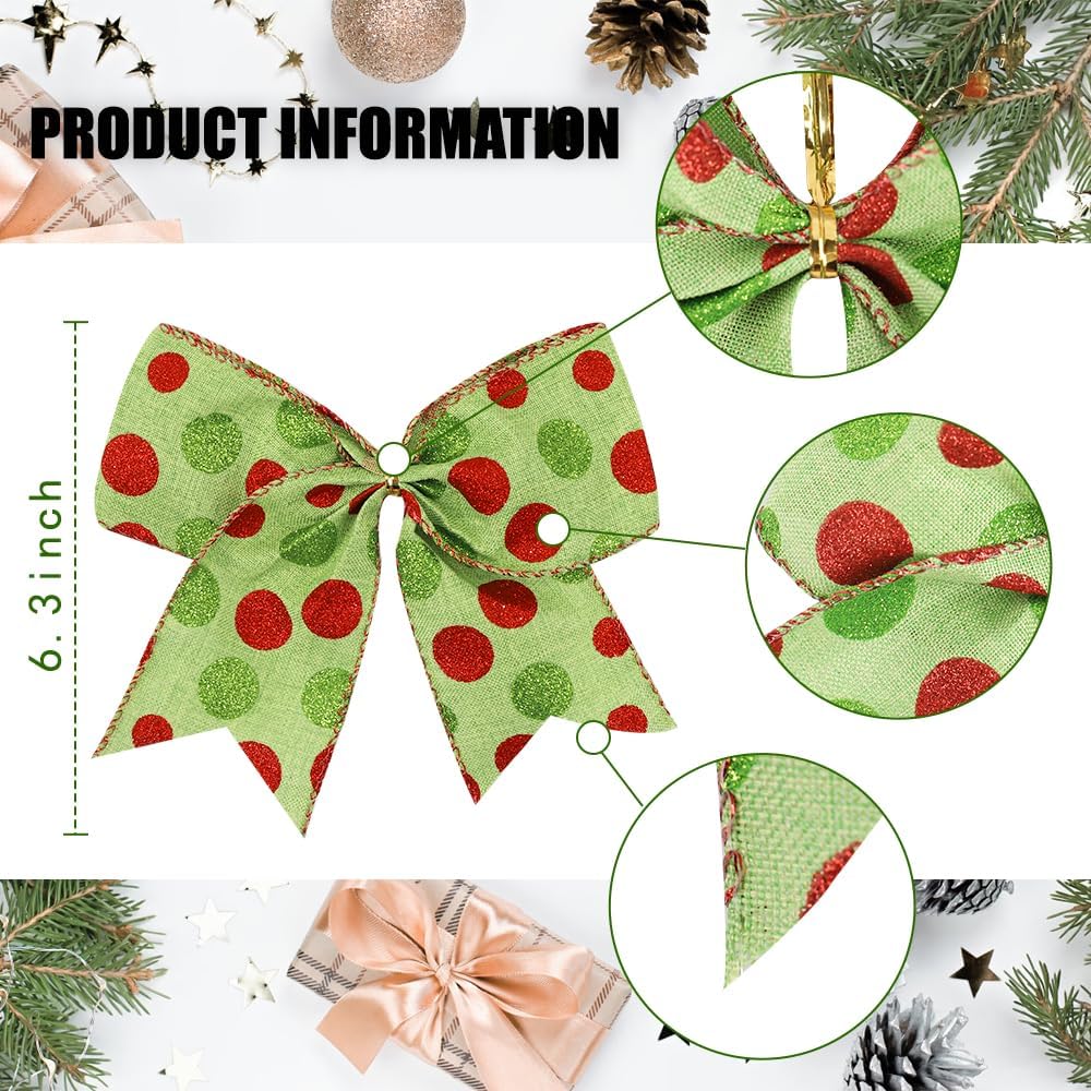 12 lazos de Navidad de 6.3 pulgadas, lazos grandes de corona de Navidad, lazos de árbol de Navidad rojo y verde, lazos de puntos con purpurina de