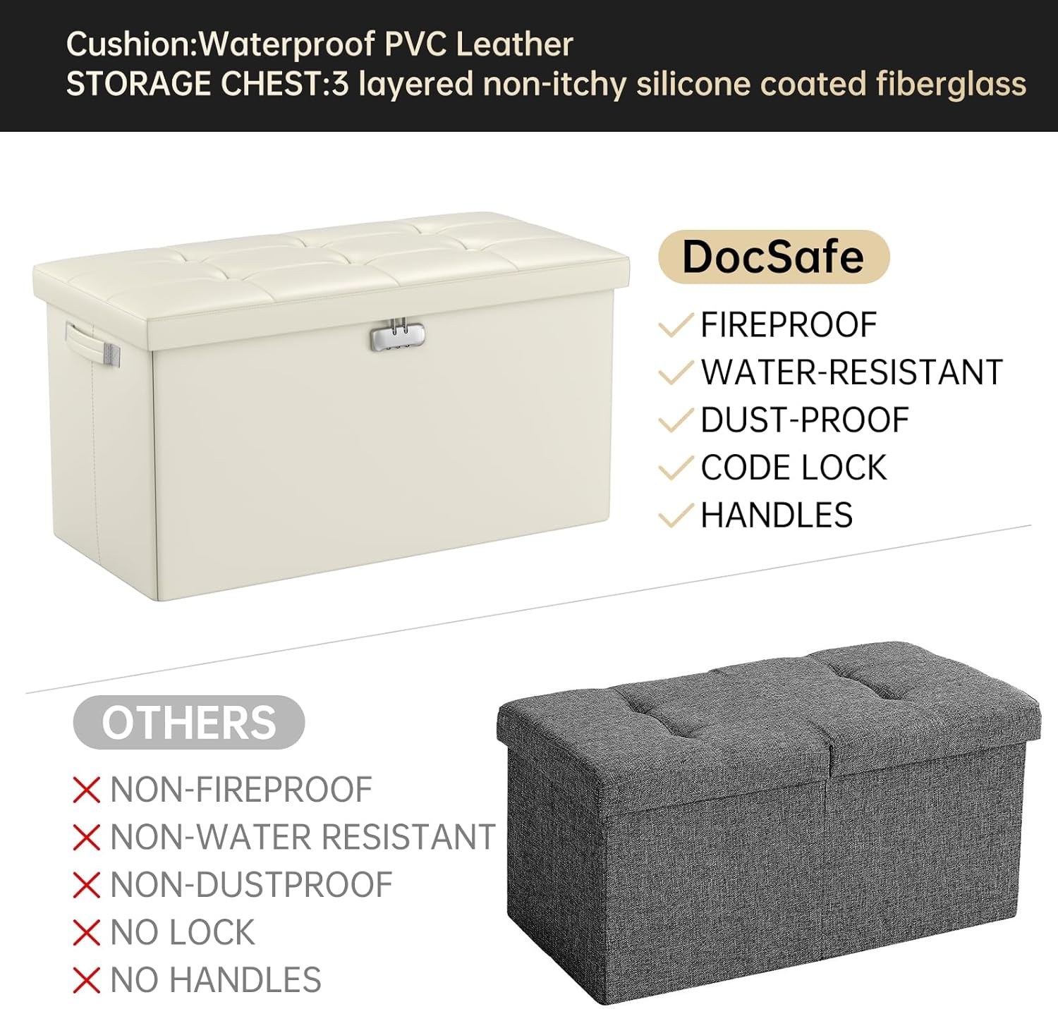 DocSafe Banco otomano de almacenamiento con cerradura, banco de almacenamiento plegable ignífugo, taburete de almacenamiento con almacenamiento