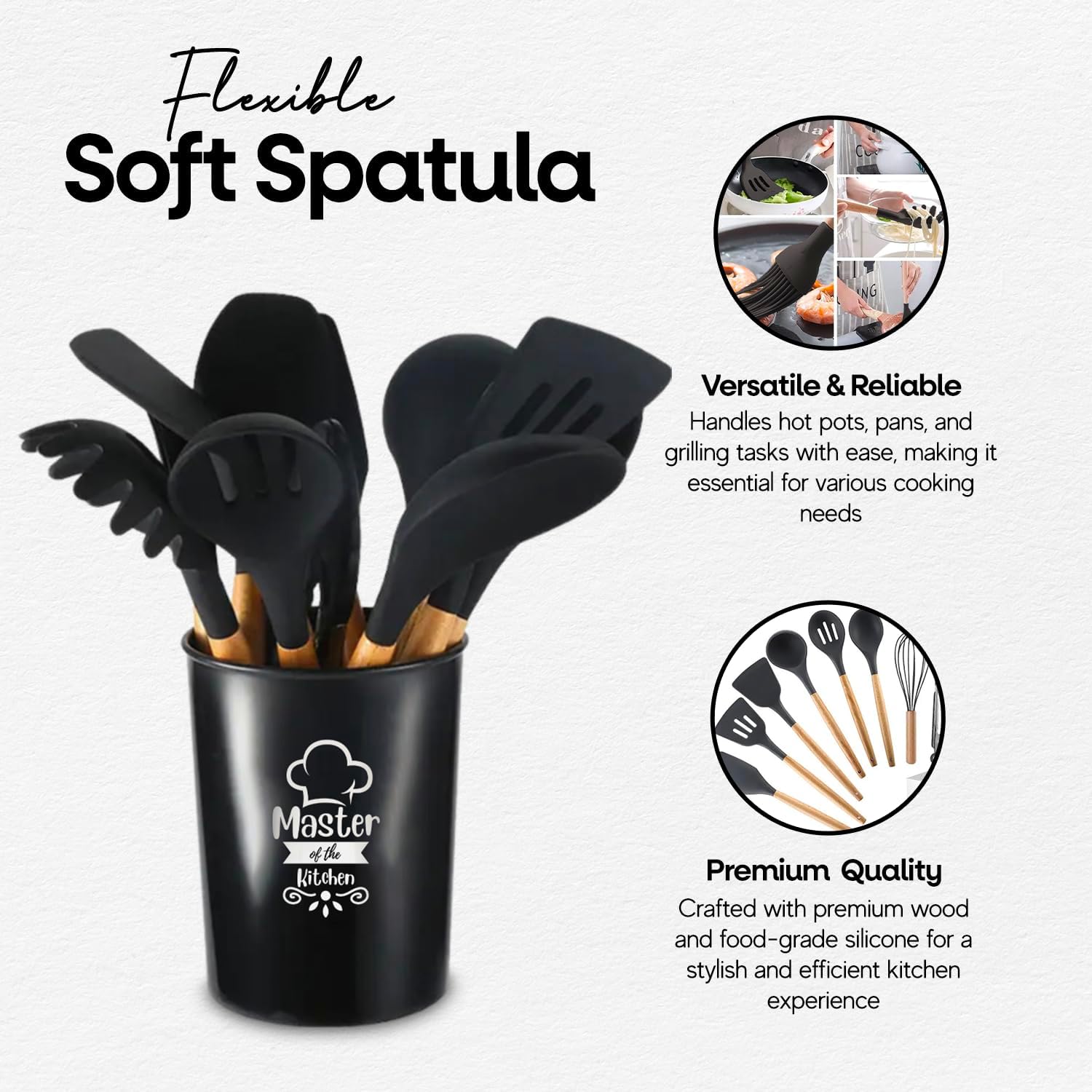 Juego de cocina de silicona, juego de 12 utensilios de cocina, mango de madera, almacenamiento de cubos, resistencia a altas temperaturas, sin