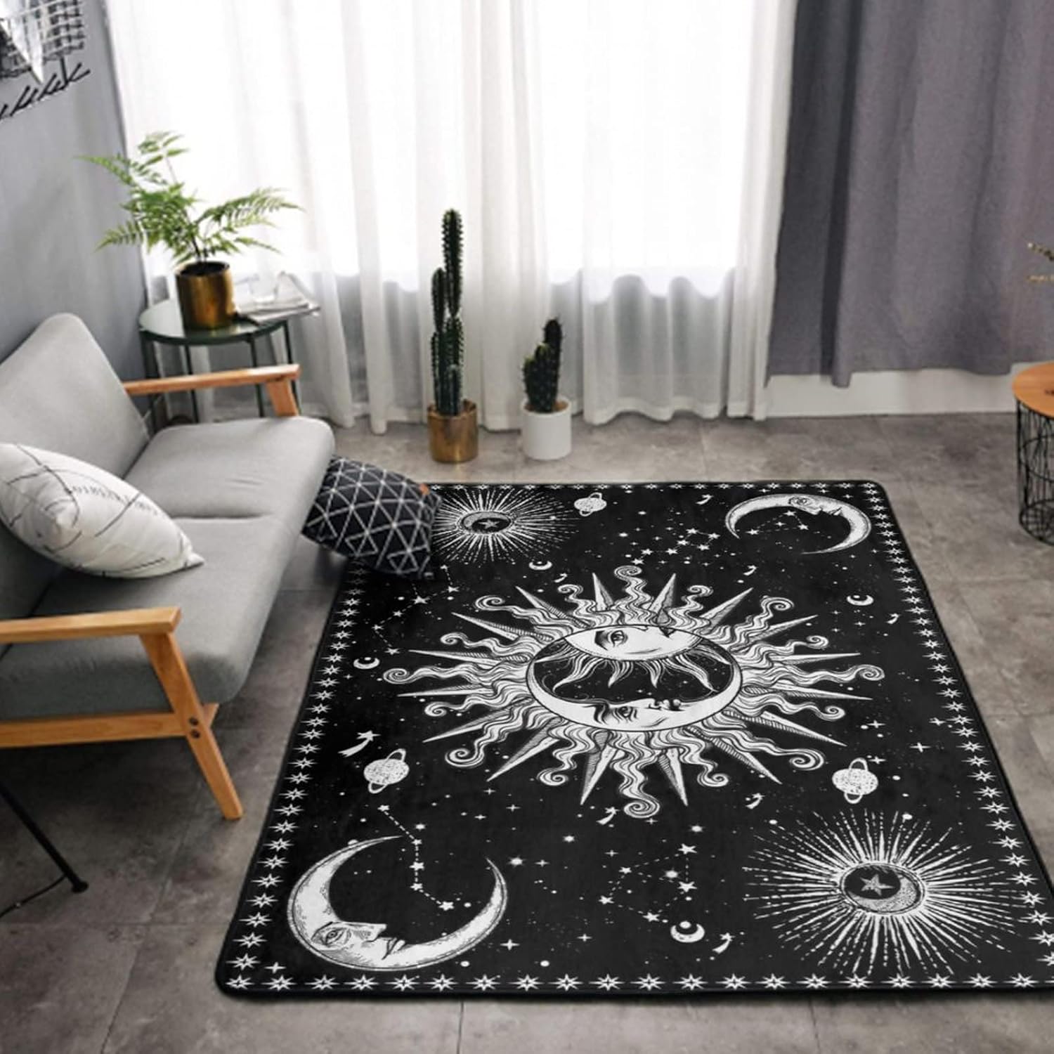 Alfombra estética de sol y luna en blanco y negro con diseño místico de estrellas para interiores y exteriores, 60 x 39 pulgadas