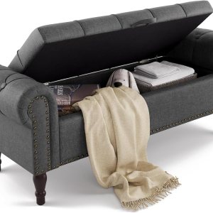 Cozyman Banco de almacenamiento, banco otomano tapizado de lino de 50 pulgadas, tamaño Queen con botones y brazo enrollado y ribete de cabeza de Cozyman Banco de almacenamiento, banco otomano tapizado de lino de 50 pulgadas, tamaño Queen con botones y brazo enrollado y ribete de cabeza de