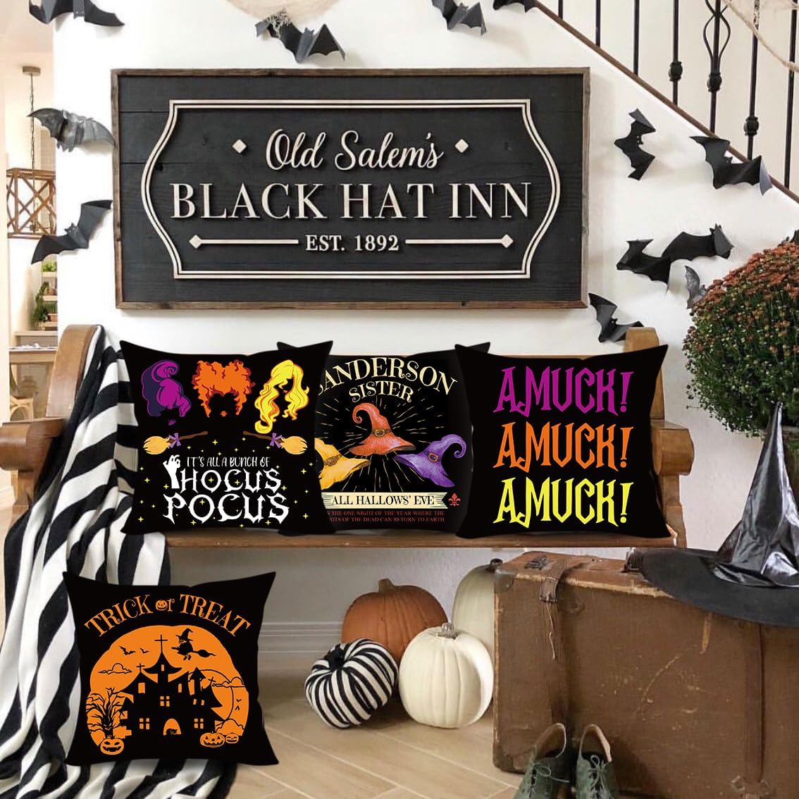 Fundas de almohada de Halloween de 18 x 18 pulgadas, juego de 4 fundas de almohada de Hocus Pocus, Amuck y castillo, color negro, Sanderson Sisters