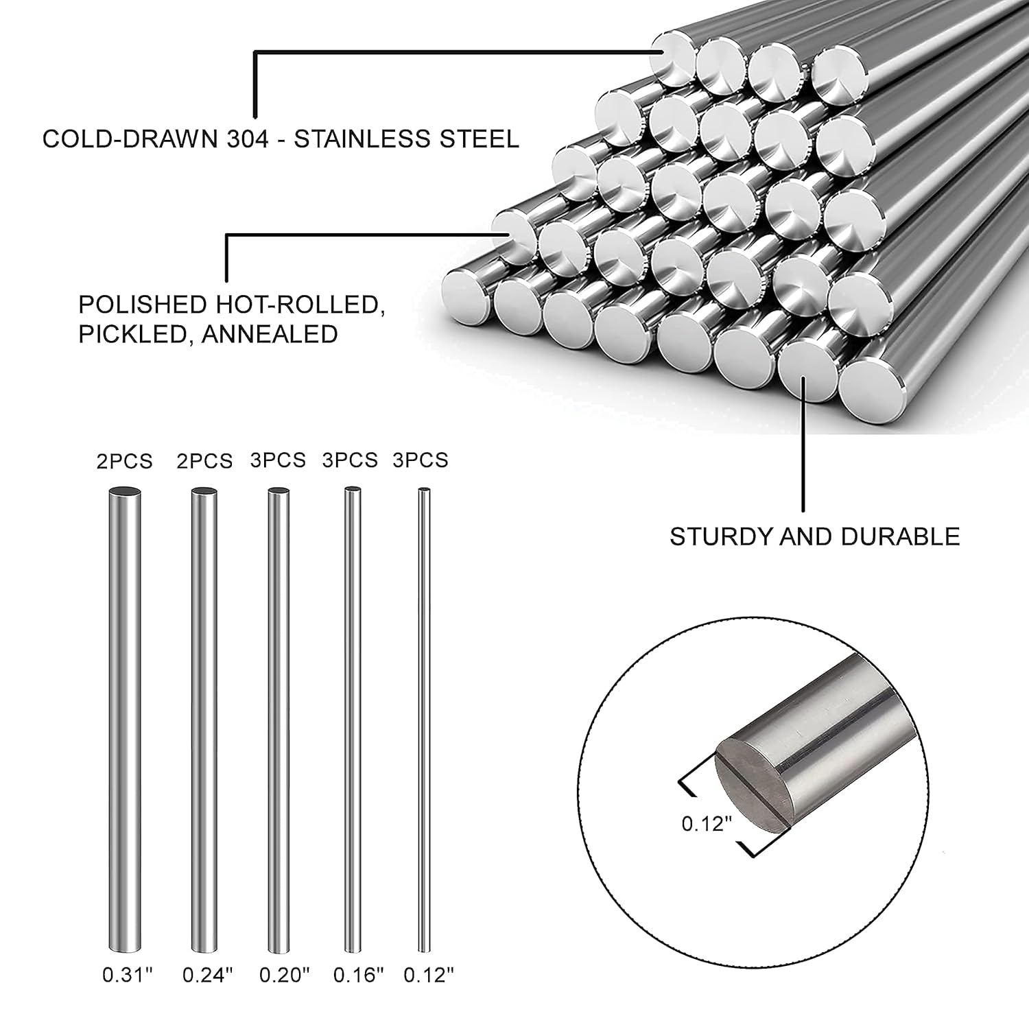 HAUZSDISAINS Varillas de acero inoxidable, 13 piezas de 9.85 pulgadas de longitud de diámetro de 0.12 a 0.31 pulgadas, varilla de metal para eje