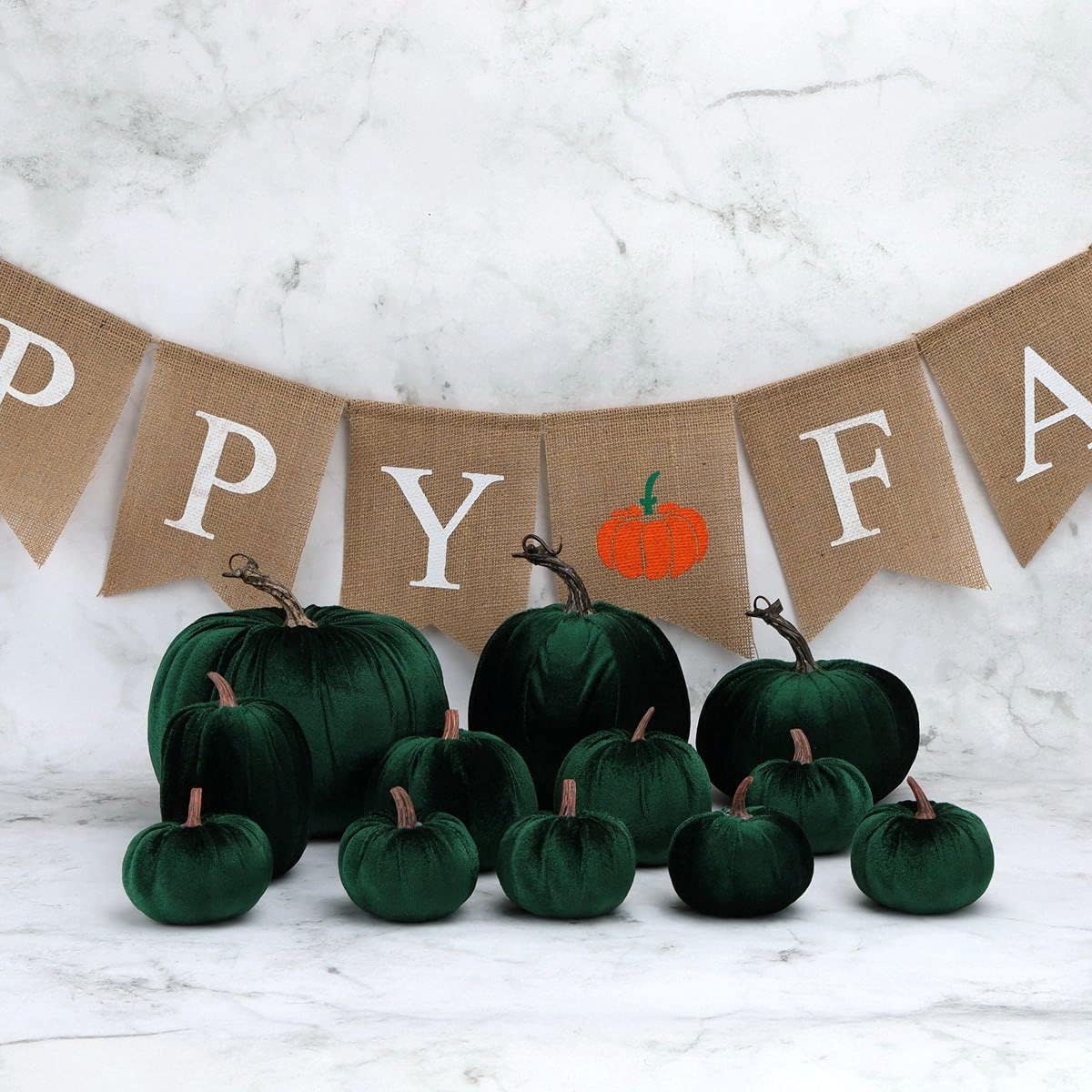 8 calabazas artificiales de terciopelo verde hechas a mano de varios tamaños para decoración de Halloween para el hogar, cocina, granja, Acción de