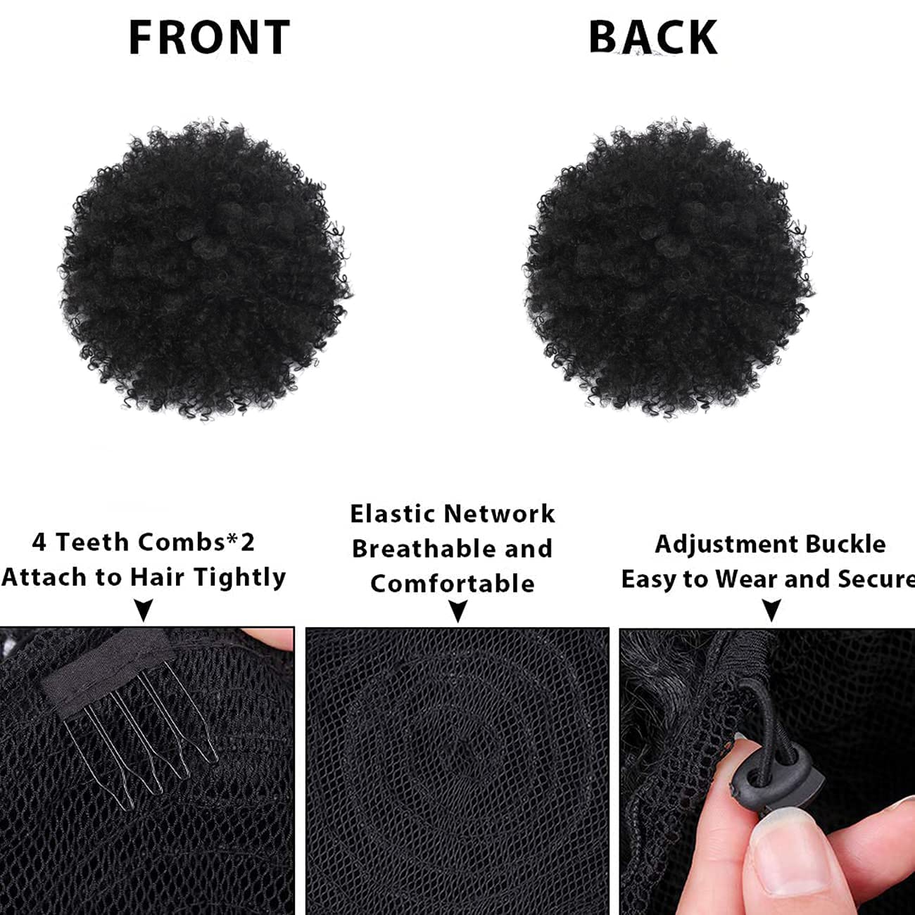 CECINILL Extensión de cola de caballo rizada con cordón para mujeres negras, extensiones de cabello sintético corto afro kinkys rizado con dos clips