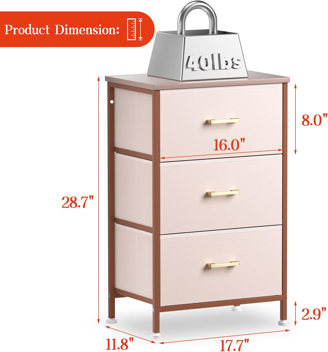 Cómoda para dormitorio, mesita de noche con 3 cajones, cómoda de tela para niños pequeños para organizador de armario, guardería, dormitorio, bonita