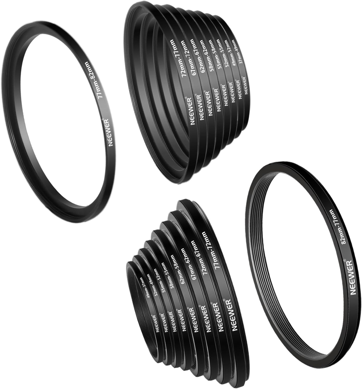 NEEWER Kit de 18 anillos escalonadores, incluye 9 anillos escalonados y 9 anillos escalonados con marco de aluminio anodizado de alta calidad para
