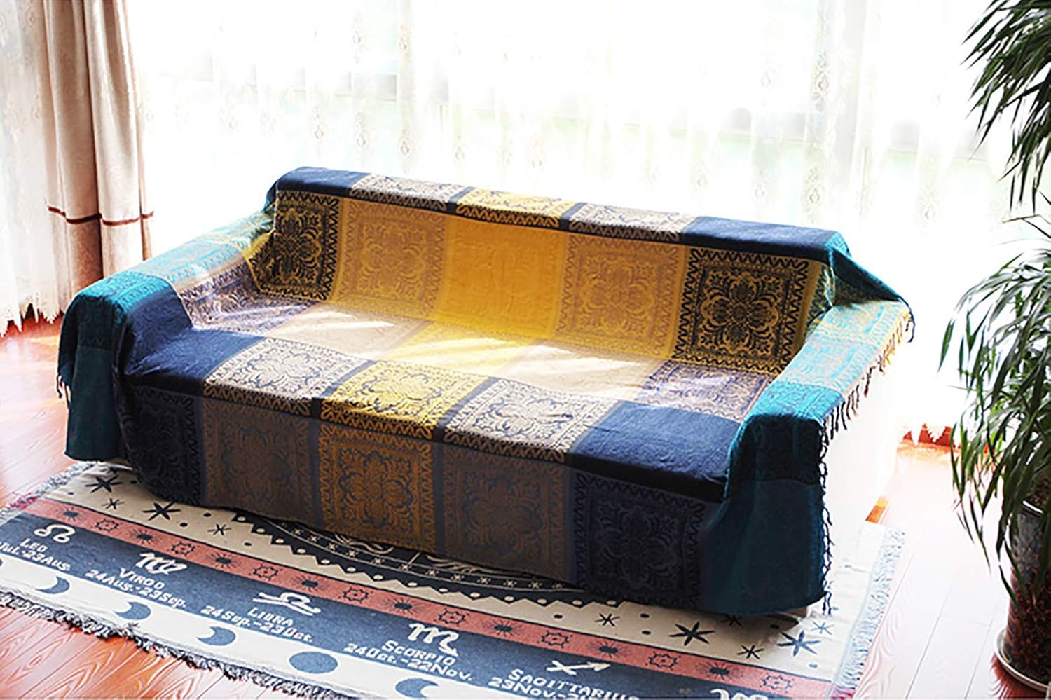 MayNest Mantas tribales bohemias, reversibles, coloridas, rojo, azul, bohemio, hippie, felpilla jacquard, fundas de manta de tela jacquard para sofá
