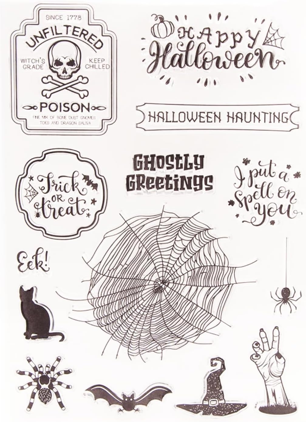Arbuya Sello transparente de Halloween Sentiment para hacer tarjetas o diario de Halloween, telaraña, gato, murciélago, sellos de goma para álbumes