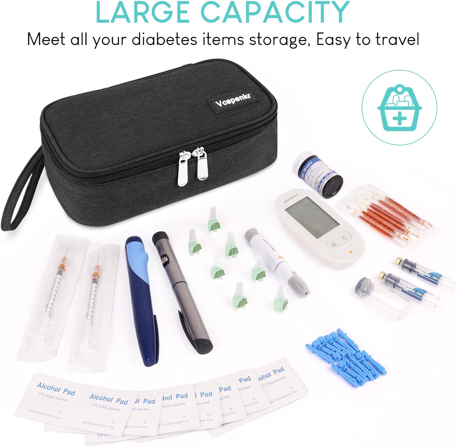Vcspenkr Bolsa de viaje para enfriar insulina, bolsa de transporte para medicamentos diabéticos con 2 paquetes de hielo de 7.05 oz, organizador