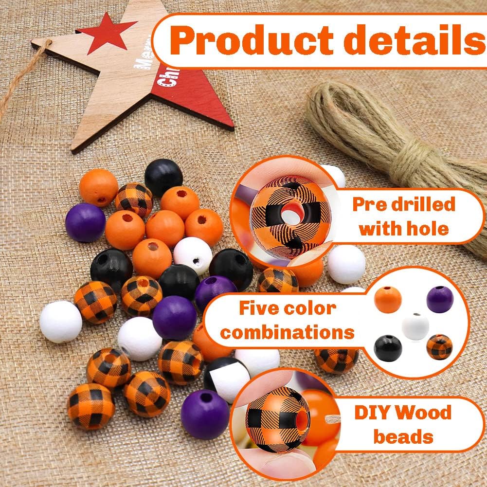 150 cuentas redondas de madera de Halloween, cuentas coloridas a cuadros de búfalo, cuentas espaciadoras de madera rústicas con cuerda de cáñamo