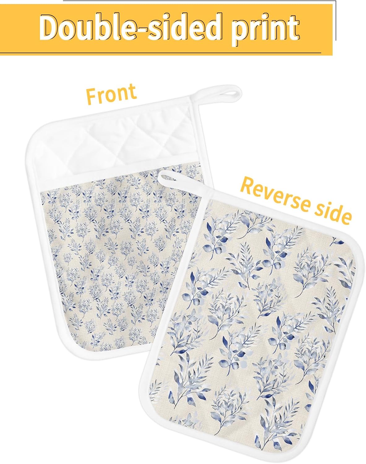 Elegant Flower 4Pcs Pot Holders for Kitchen,Non Slip & Heat Insulation Terry Cloth Potholder Set with Pocket,Thick Hot Pad Oven Mitts Trivet Coaster