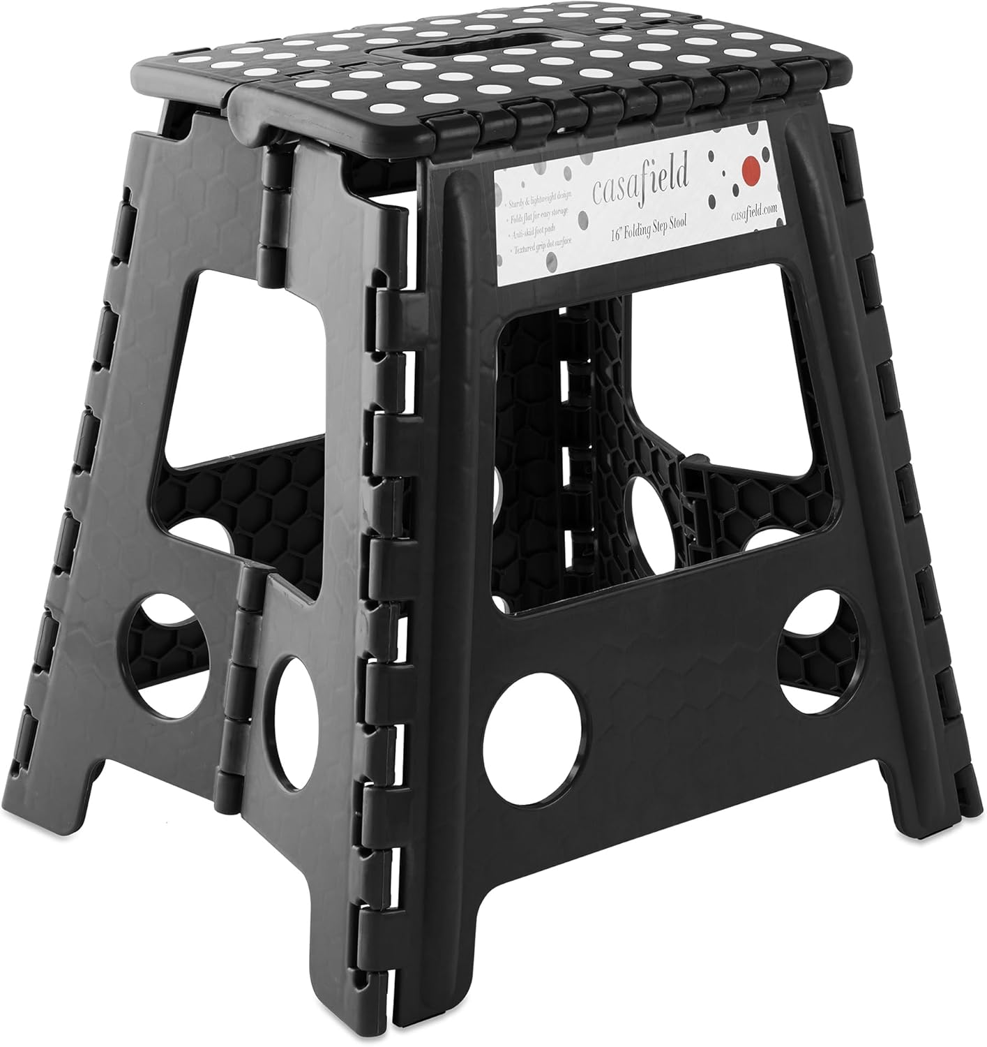 Casafield Taburete plegable de 16 pulgadas con asa, negro, portátil, plegable, pequeño taburete de plástico para adultos, uso en la cocina, baño y