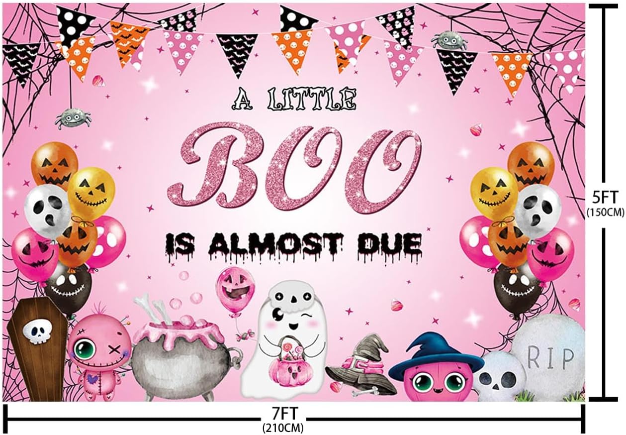 Telón de fondo de Halloween de 7 x 5 pies para baby shower, con texto en inglés “A Little Boo is Almost Due Baby Shower Decoraciones” de color rosa