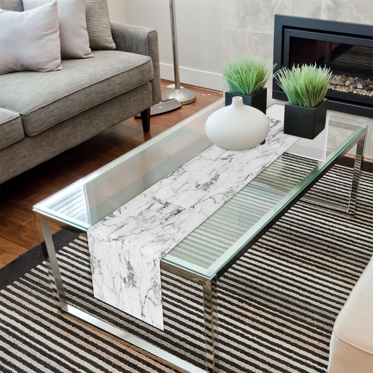Camino de mesa con textura de mármol blanco, mantel de lino rústico para cocina de granja, cena, eventos, fiesta, decoración de mesa de vacaciones,