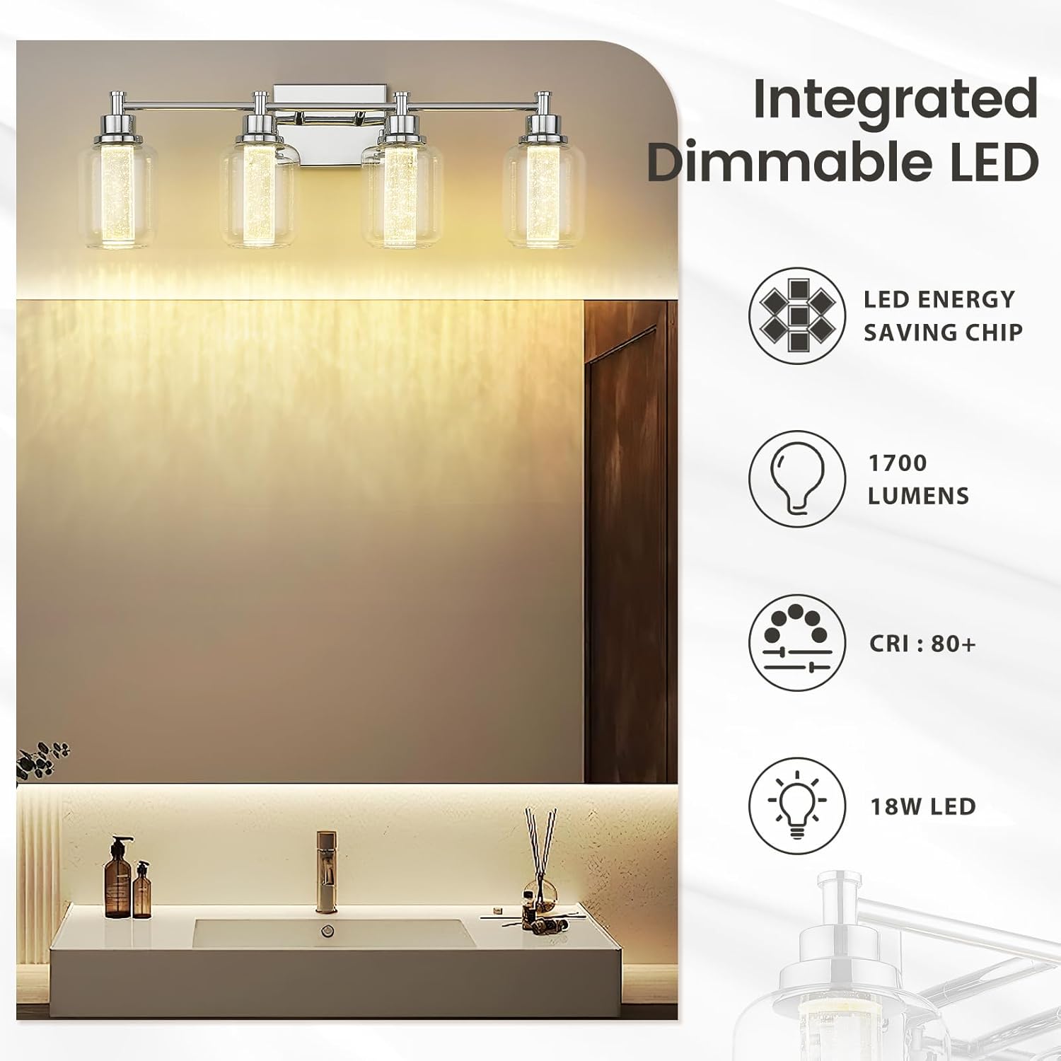 zeyu ZJF74B LED-4W CH – Lámpara de baño de 4 luces, 18 W, con 3 modos de color (3000 K4000 K5000 K), lámpara de pared regulable para baño, acabado