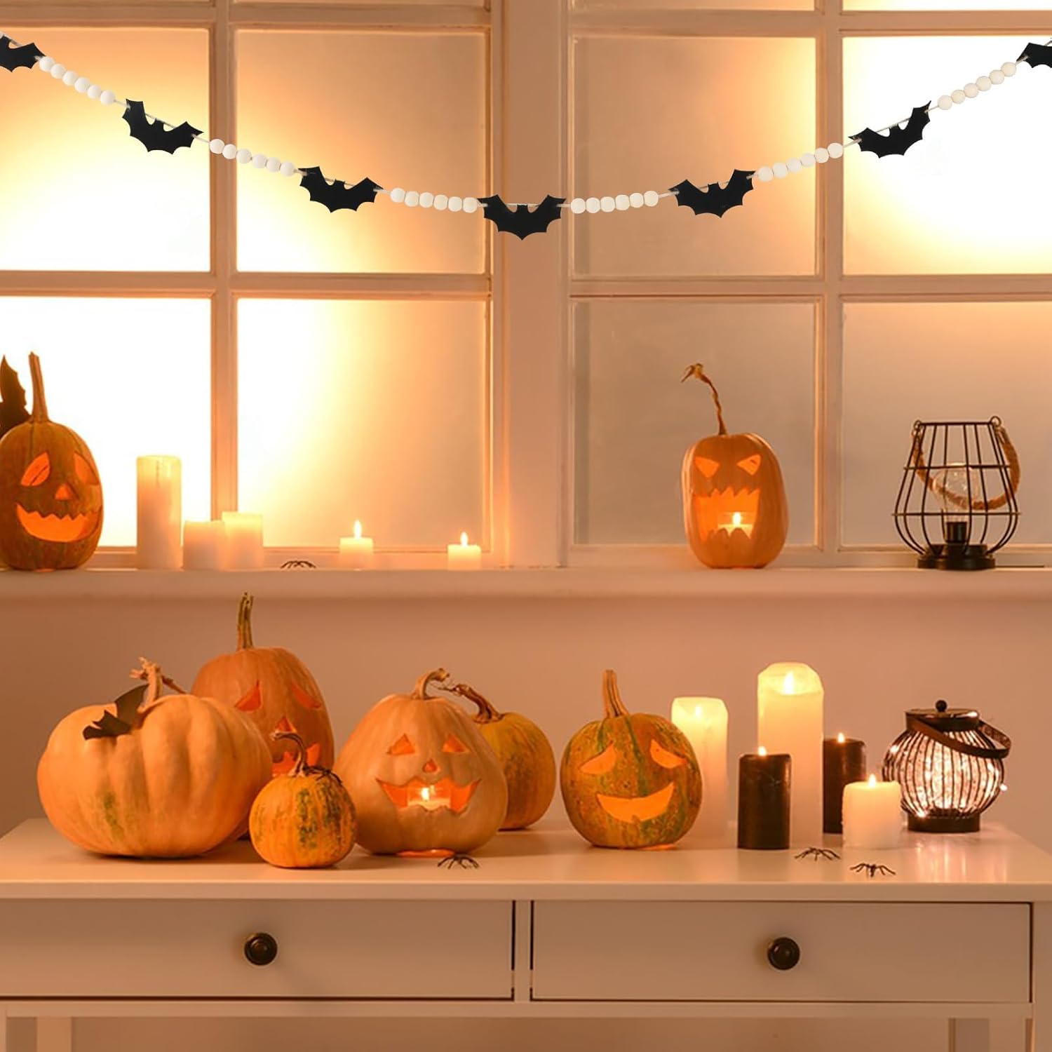 Decoraciones de Halloween para interiores y exteriores, guirnalda de cuentas de murciélagos de fieltro de madera para decoración de Halloween,