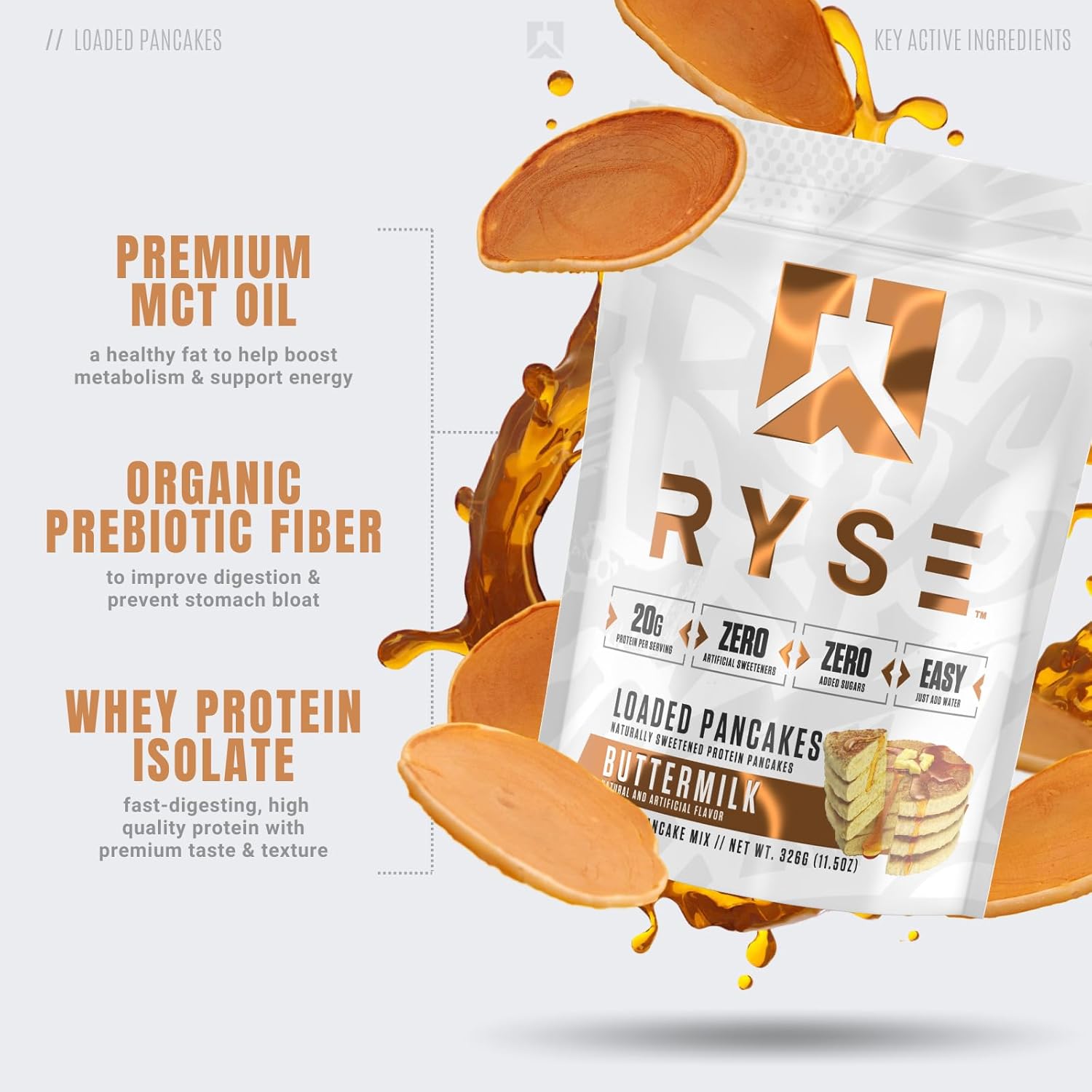 RYSE – Panqueques de proteína cargados  Mezcla de proteínas naturalmente endulzadas para panqueques  cero azúcares añadidos  0.78 onzas de proteína