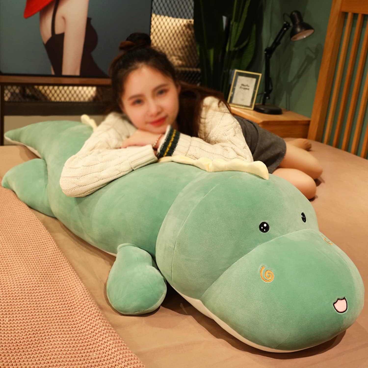 Almohada de felpa de dinosaurio, lindo juguete de peluche de dinosaurio suave, almohada grande para abrazar, regalos para cumpleaños de niños, San