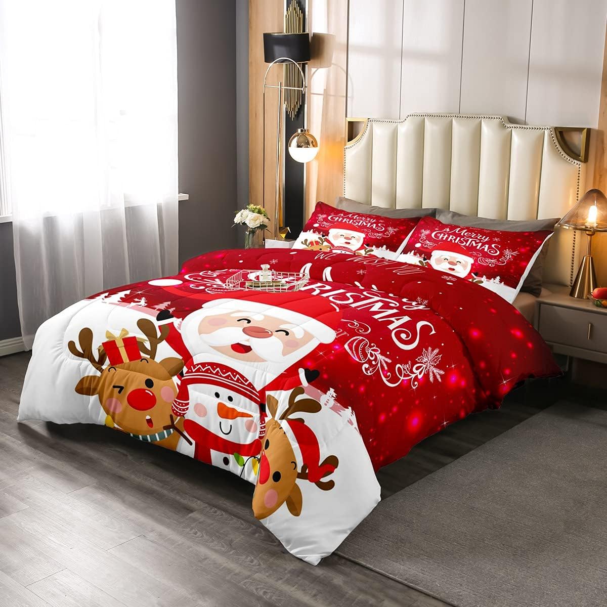 Erosebridal Edredón de plumón de Papá Noel, juego de edredón de Feliz Navidad para niños, tamaño matrimonial, lindo juego de edredón de ciervos de