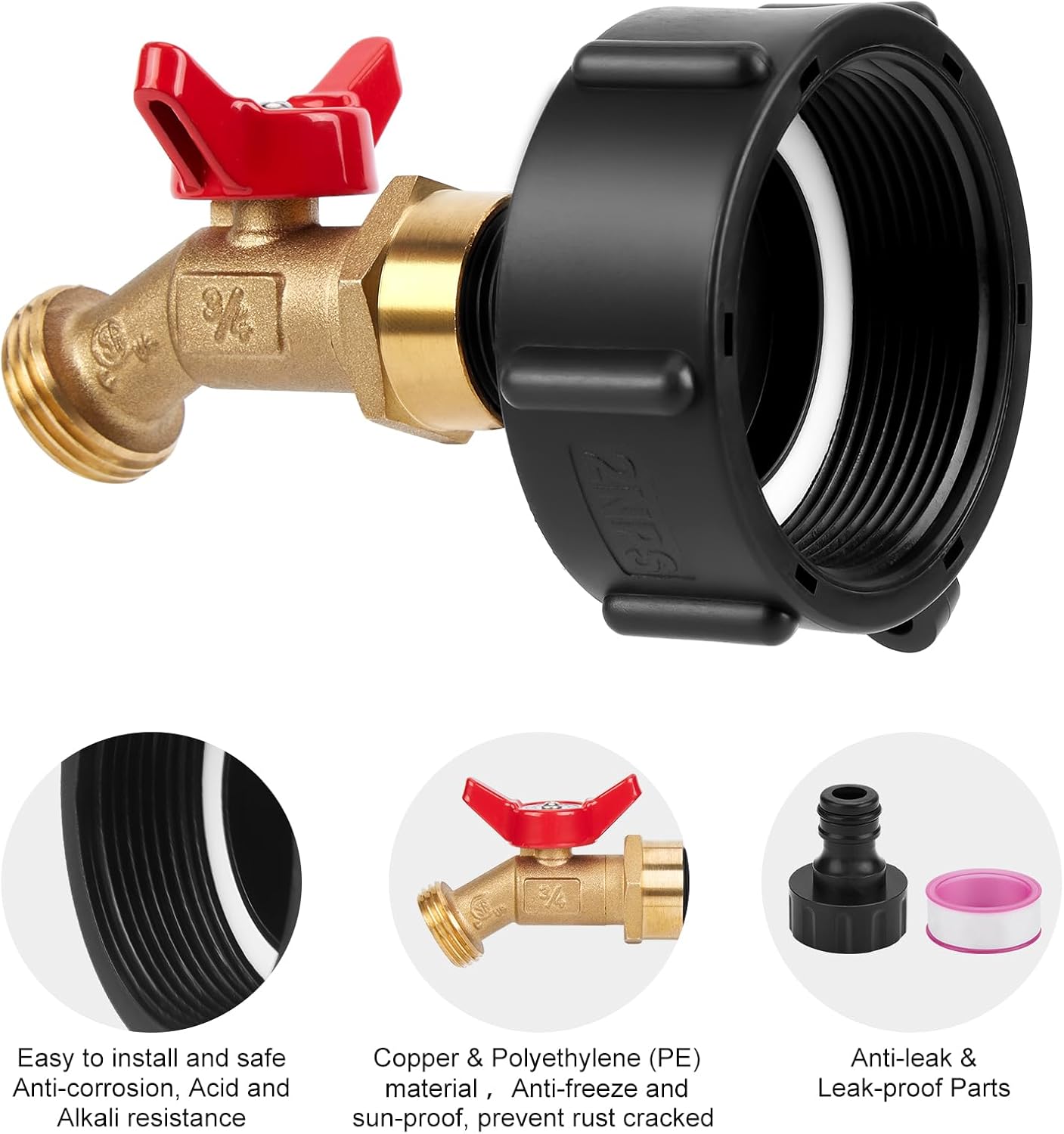WADEO Adaptador de tanque IBC, adaptador de rosca fina de 2.36 pulgadas para tanque IBC de 275-330 galones, Aadpter IBC Tote Aadpter con válvula de