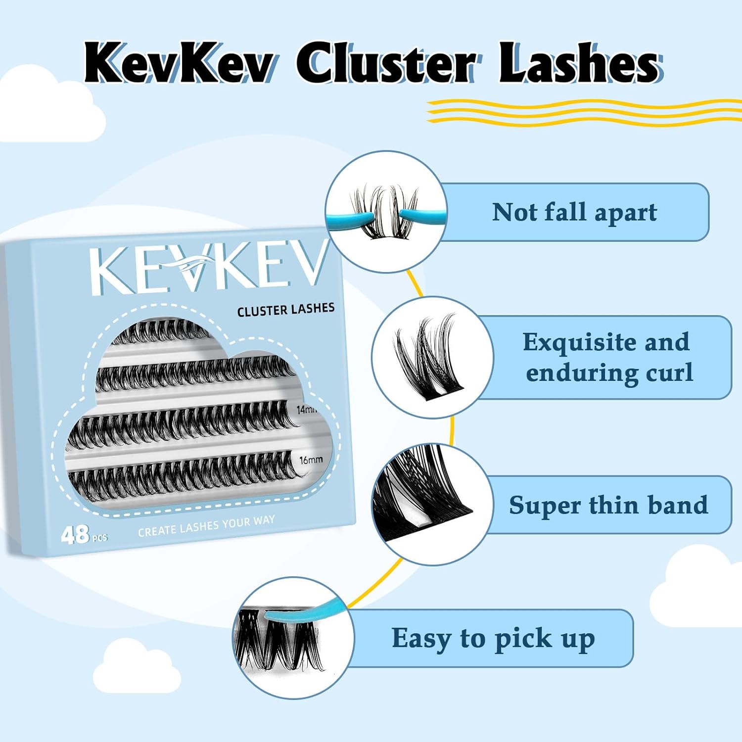 KevKev 48 racimos de pestañas en racimo de pestañas, extensiones de pestañas individuales, suaves y cómodas (crepúsculo, C-10-16mix)