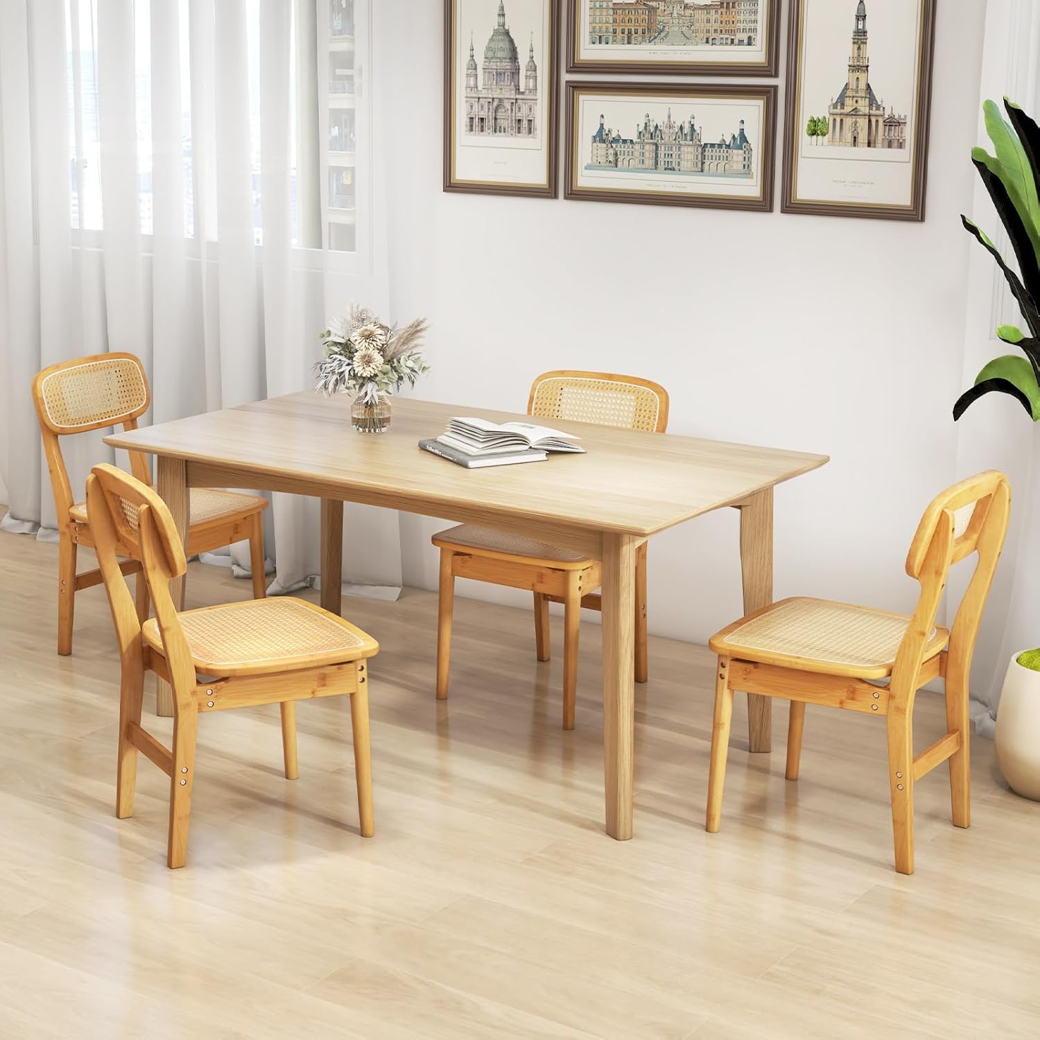 Giantex Juego de 4 sillas de comedor de ratán, sillas de cocina de caña bohemia, carga máxima de 300 libras, sillas de comedor sin brazos de bambú
