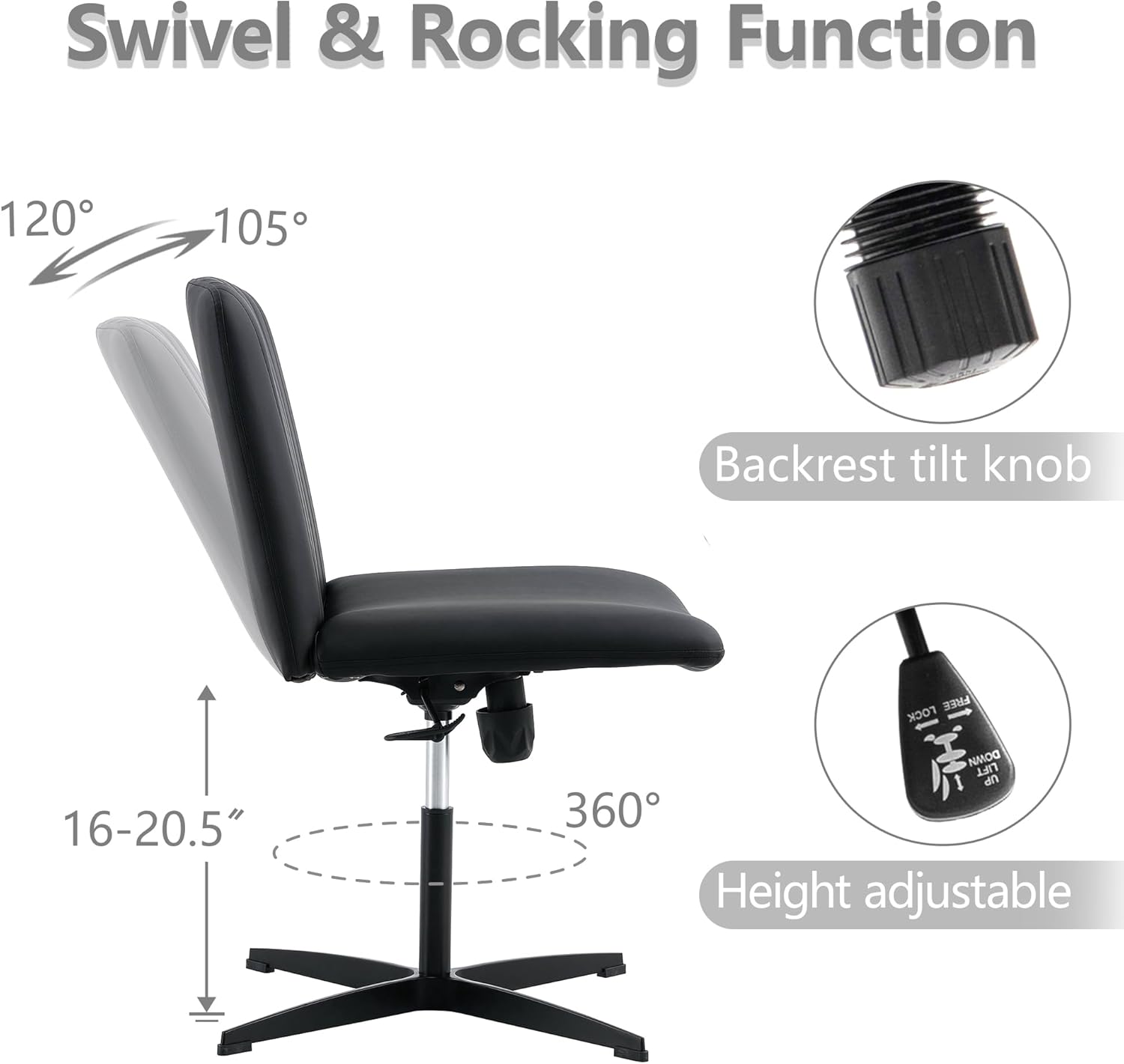 Silla de escritorio de oficina sin reposabrazos, silla giratoria ajustable de poliuretano cruzado con 105 a 120 reclinable elástico y acolchado de