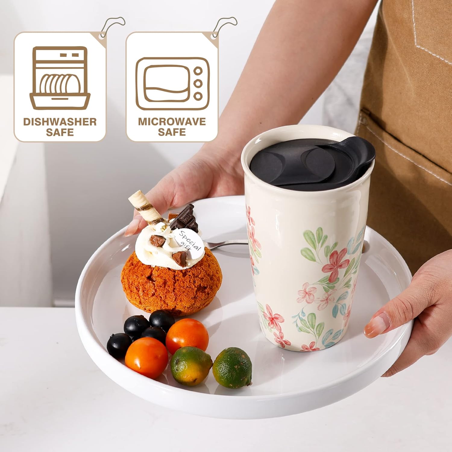 ANTIS’S HOME Taza de viaje de cerámica con tapa, taza de café de doble pared con patrón de flores, vaso de café de 10 onzas, taza alta reutilizable,