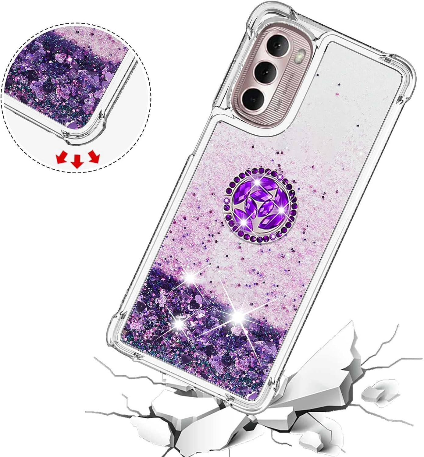 Asuwish Funda de teléfono para Motorola Moto G Stylus 5G 2022 con protector de pantalla y soporte para anillo con anillo de purpurina líquida
